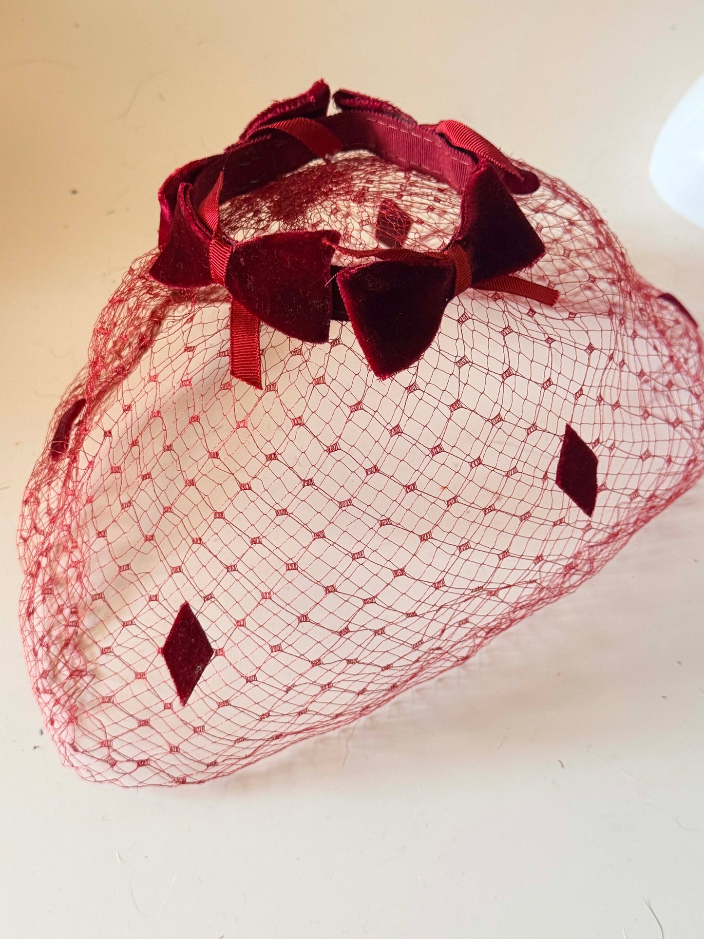 Vintage Burgundy Velvet Bow Birdcage Veil Fascinator | 1950s Inspired Veiled Cocktail Hat | Holiday Party Headpiece | Editorial Bridal Veil