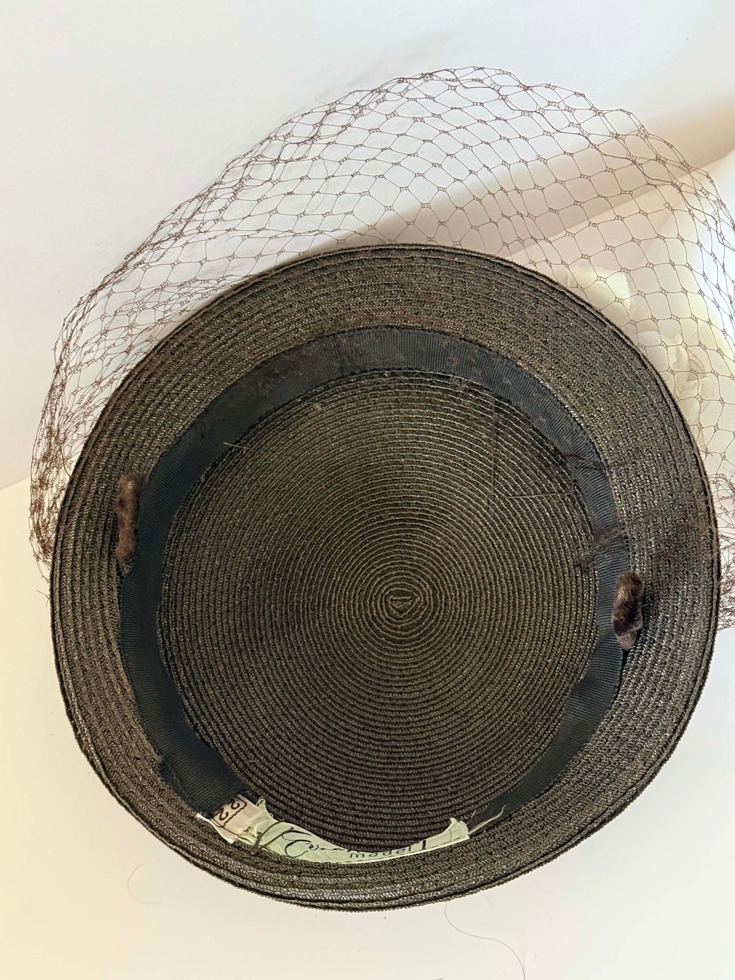 Vintage Evelyn Varon Modes Veiled Pillbox Hat, Brown Straw Cocktail Hat, White Floral Fascinator, 1960s Designer Millinery, Wedding Guest Hat
