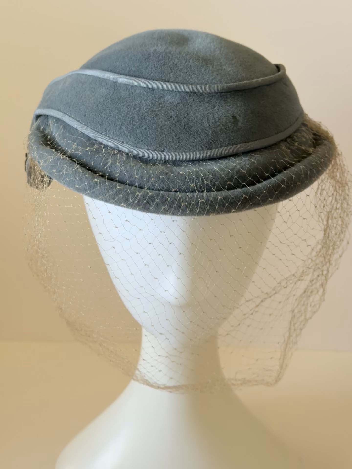 Vintage New Look Veiled Pillbox Hat, Blue Felt Cocktail Hat, Birdcage Veil Fascinator, Rhinestone Jewel Accent, 1950s 1960s Designer Hat