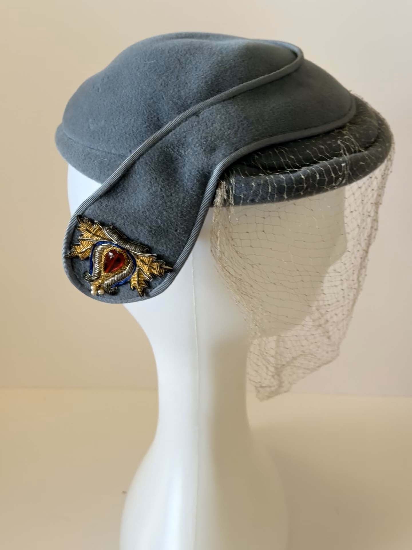 Vintage New Look Veiled Pillbox Hat, Blue Felt Cocktail Hat, Birdcage Veil Fascinator, Rhinestone Jewel Accent, 1950s 1960s Designer Hat