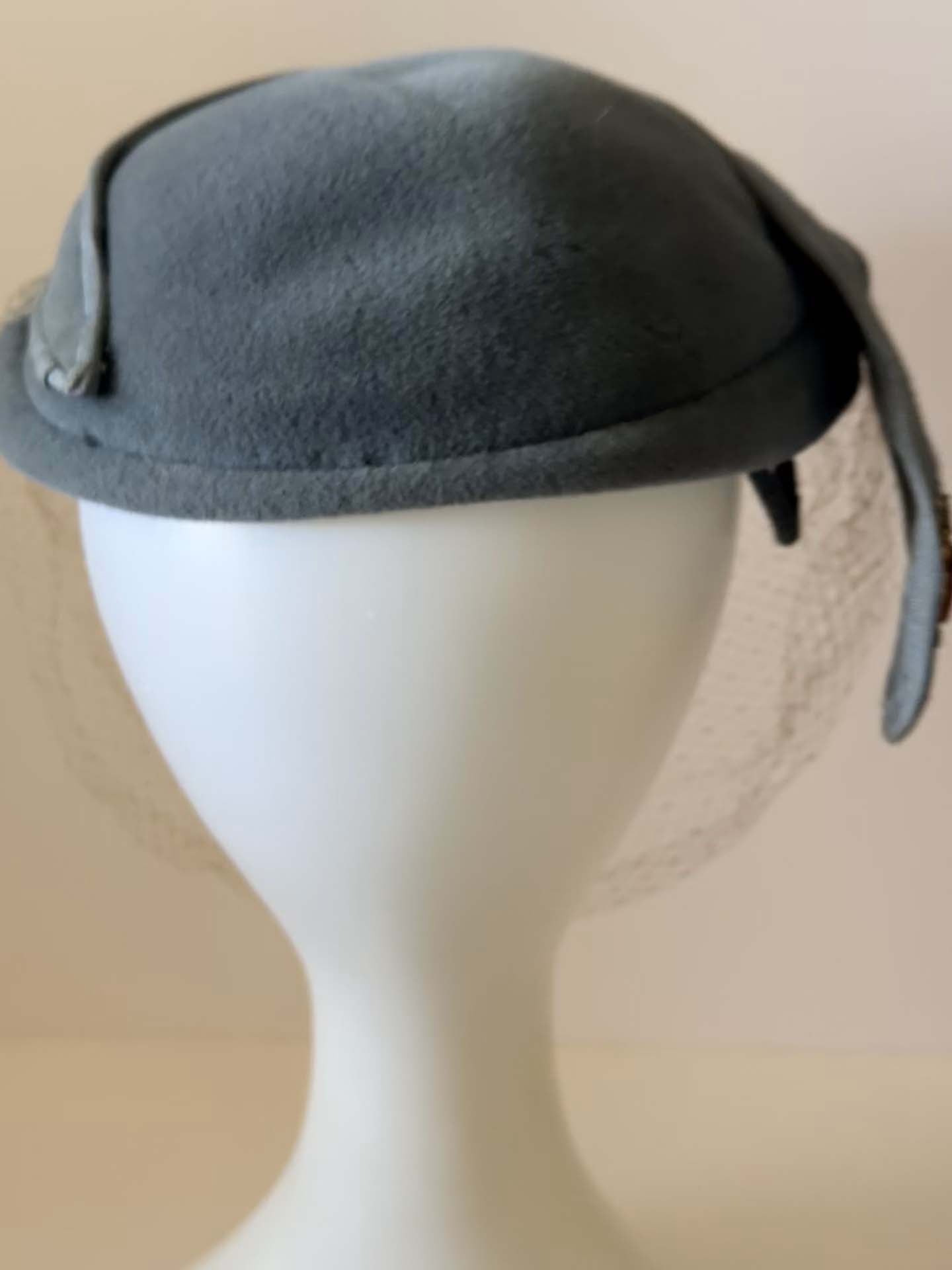 Vintage New Look Veiled Pillbox Hat, Blue Felt Cocktail Hat, Birdcage Veil Fascinator, Rhinestone Jewel Accent, 1950s 1960s Designer Hat