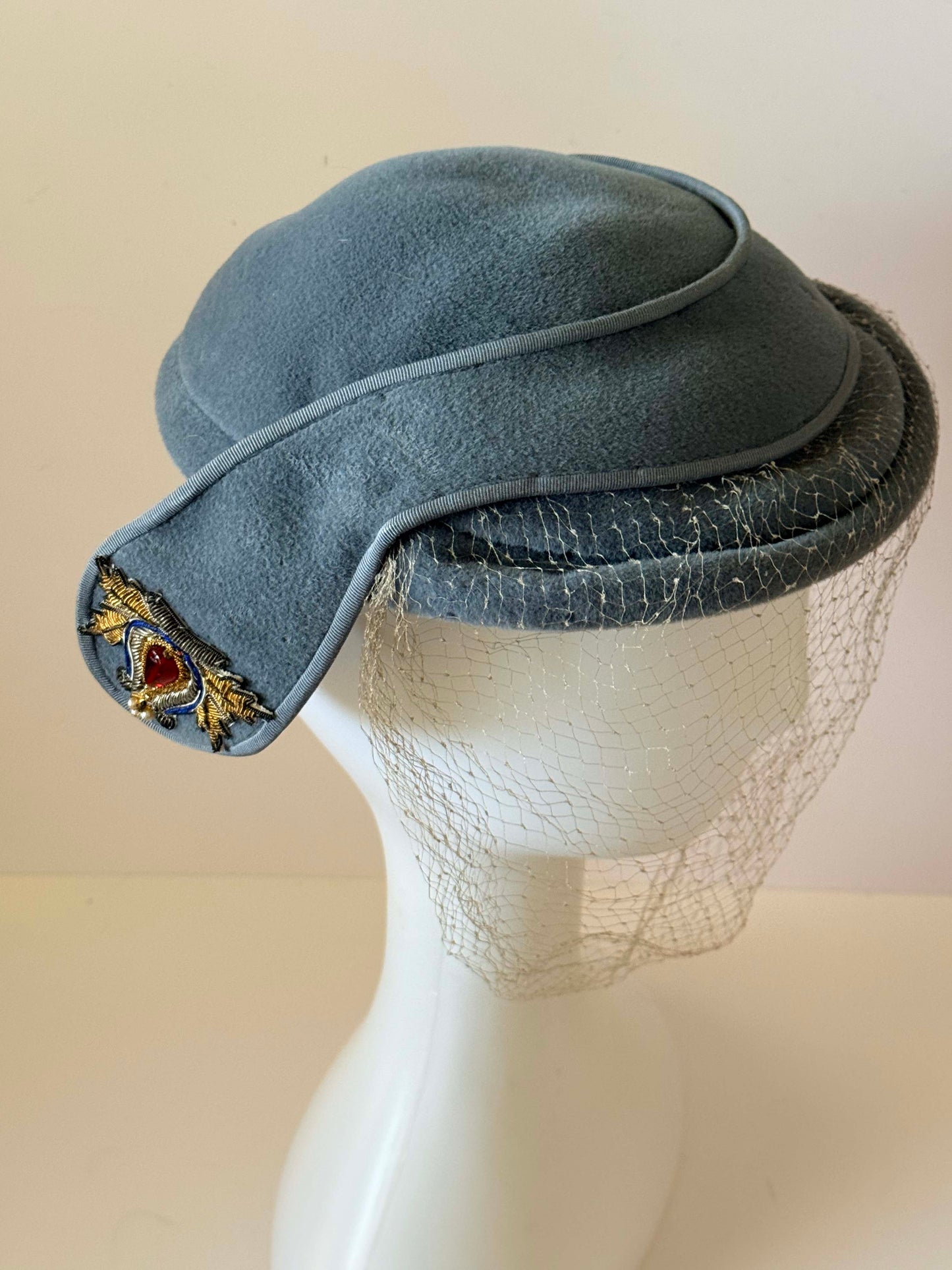 Vintage New Look Veiled Pillbox Hat, Blue Felt Cocktail Hat, Birdcage Veil Fascinator, Rhinestone Jewel Accent, 1950s 1960s Designer Hat
