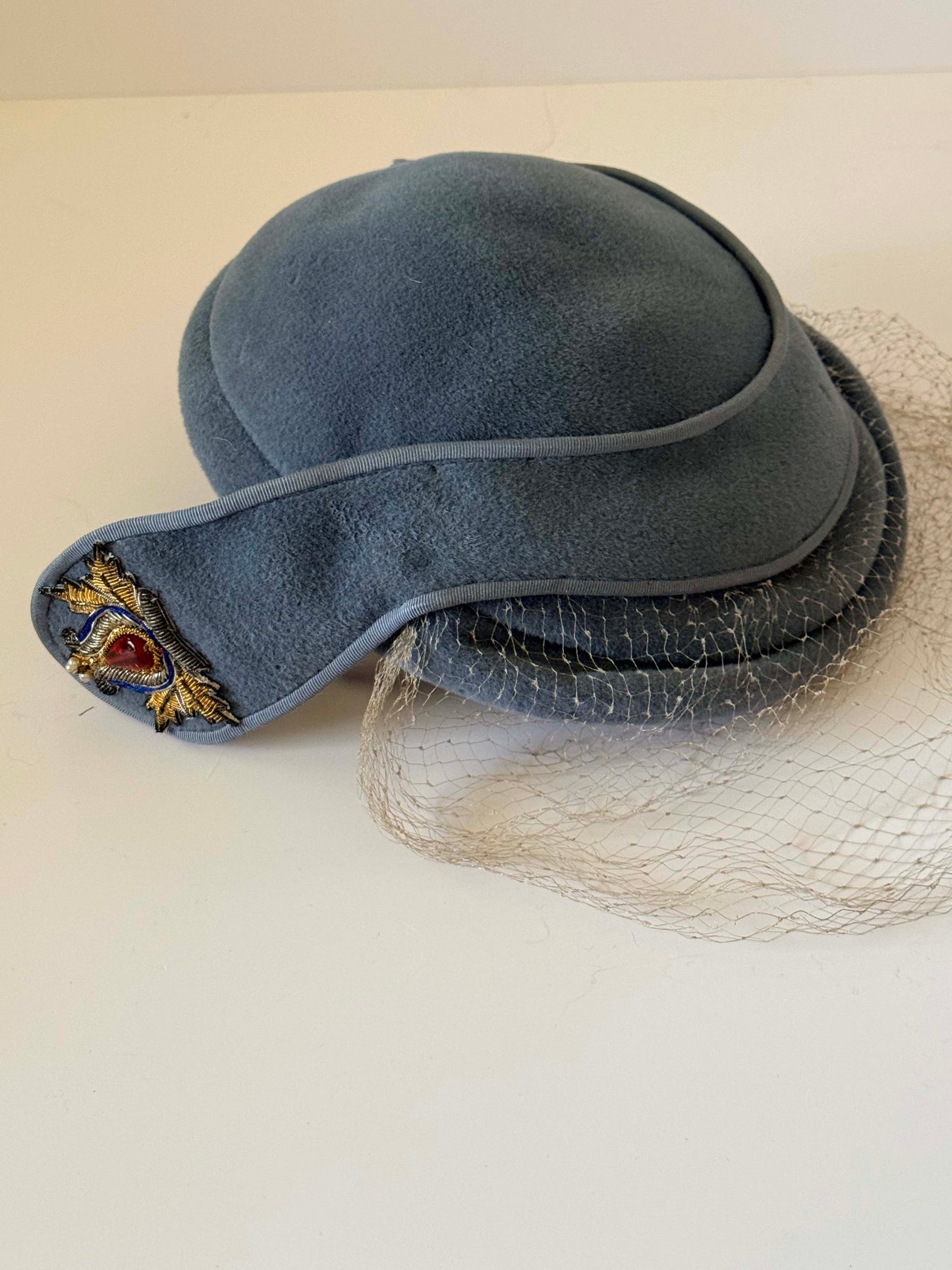 Vintage New Look Veiled Pillbox Hat, Blue Felt Cocktail Hat, Birdcage Veil Fascinator, Rhinestone Jewel Accent, 1950s 1960s Designer Hat
