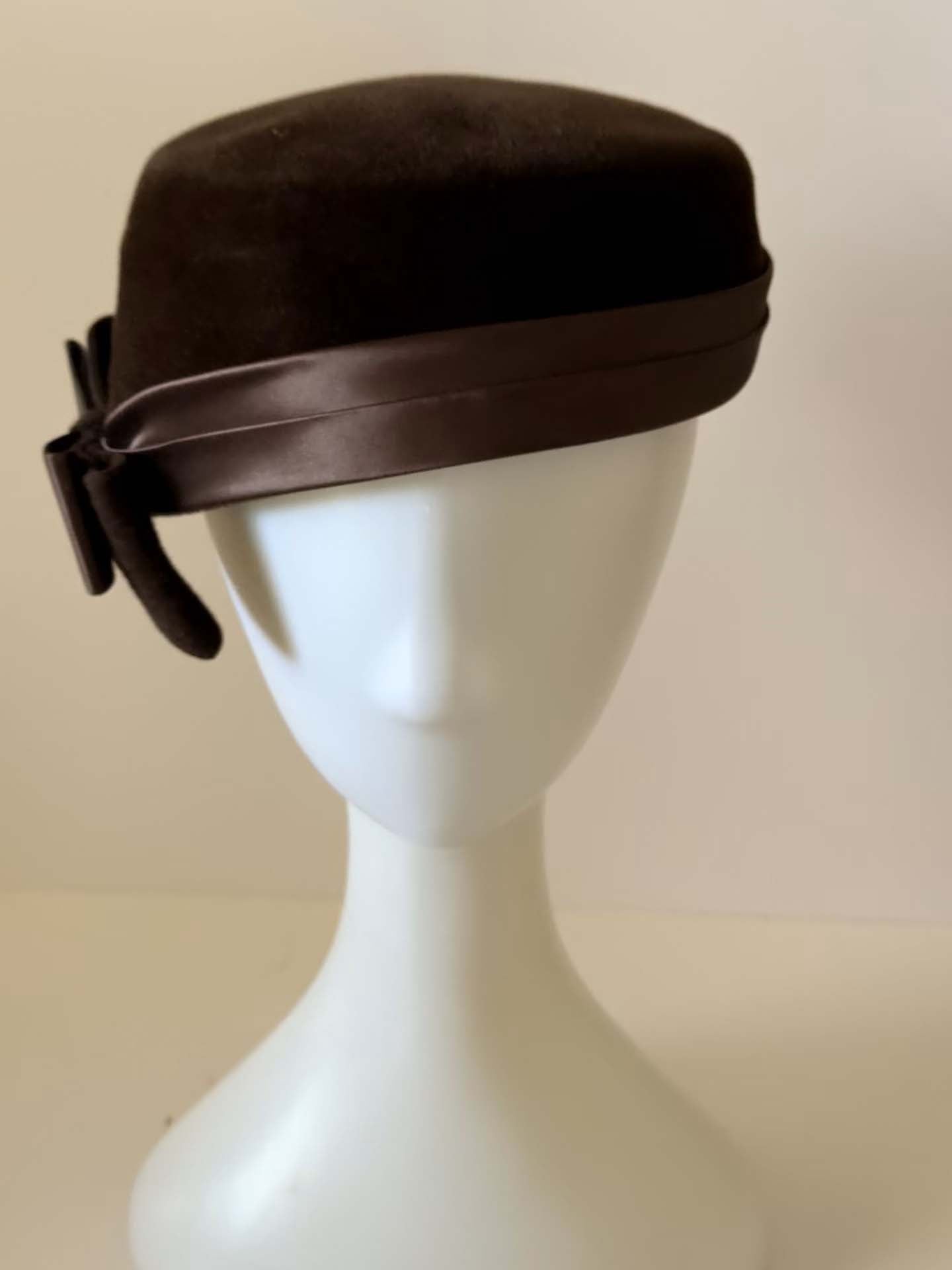 Vintage Dayton's Genuine Velour Pillbox Hat, Brown Fur Felt Hat, Satin Bow Cocktail Hat, 1960s Designer Millinery, Mad Men Style
