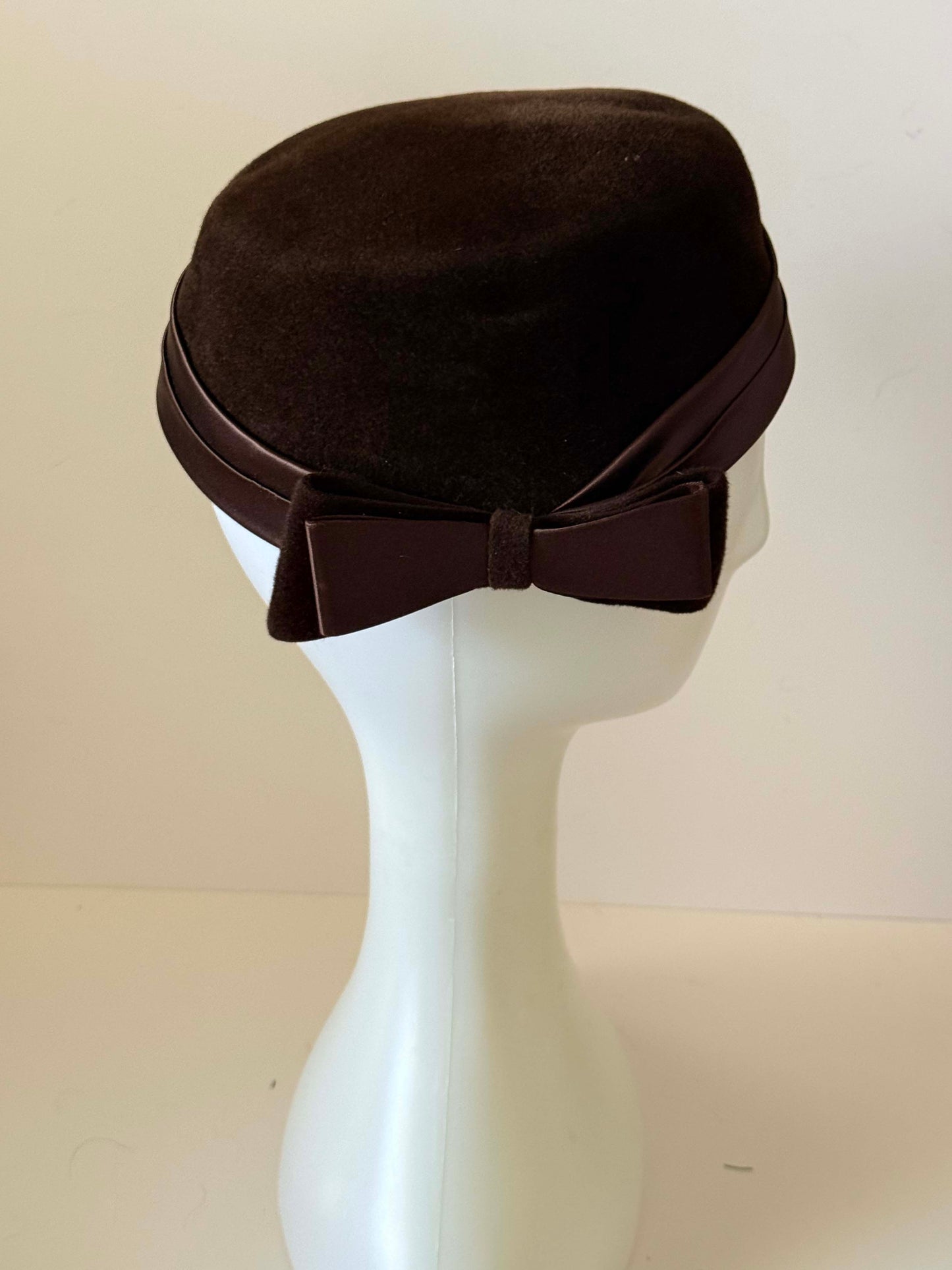 Vintage Dayton's Genuine Velour Pillbox Hat, Brown Fur Felt Hat, Satin Bow Cocktail Hat, 1960s Designer Millinery, Mad Men Style