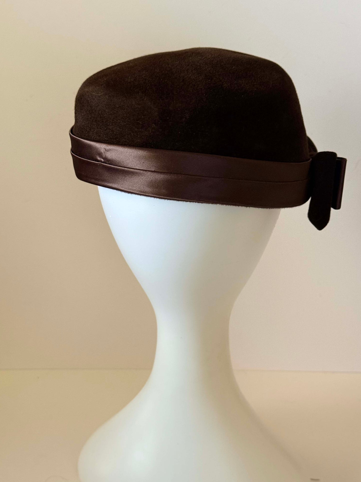 Vintage Dayton's Genuine Velour Pillbox Hat, Brown Fur Felt Hat, Satin Bow Cocktail Hat, 1960s Designer Millinery, Mad Men Style