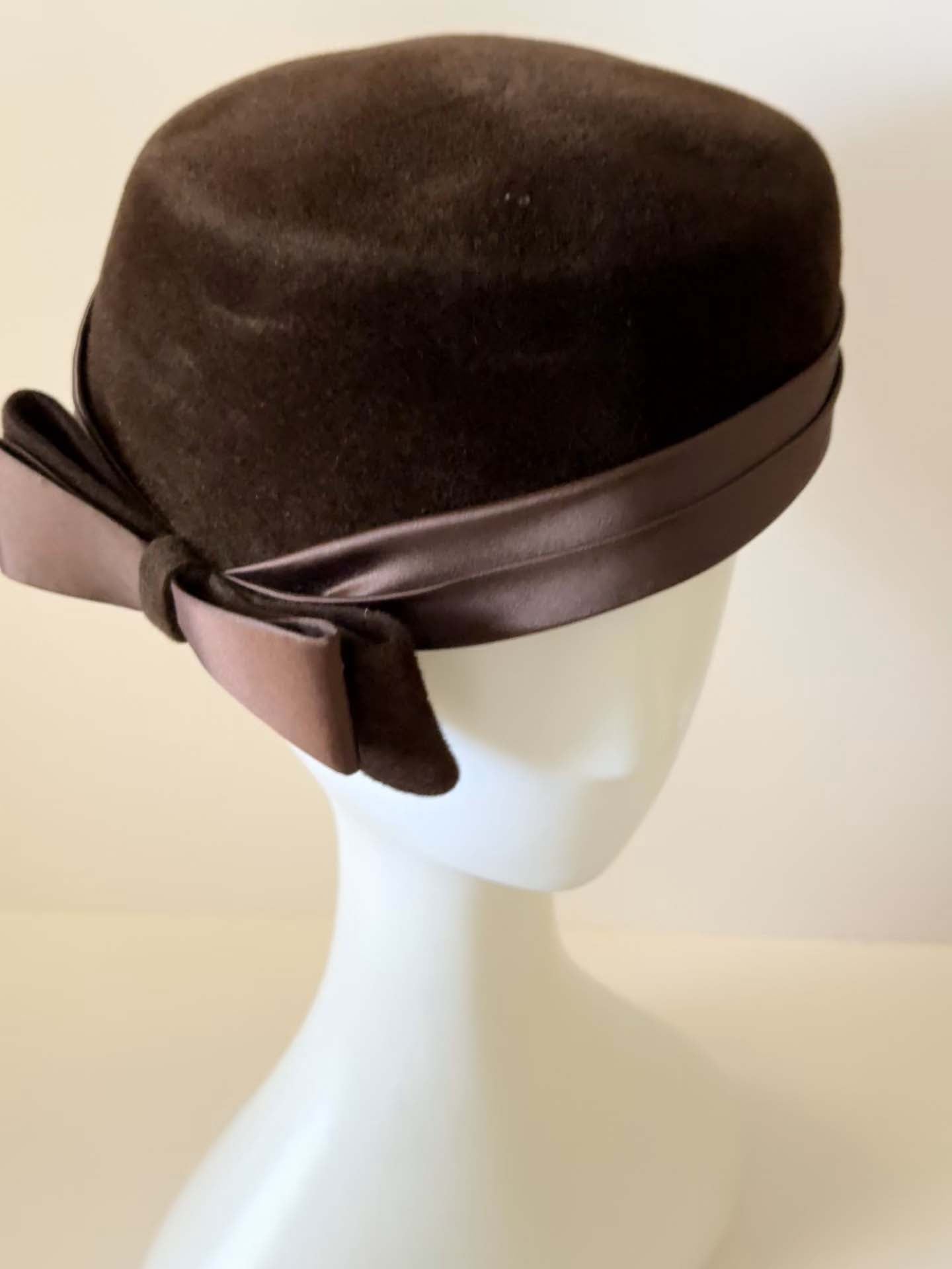 Vintage Dayton's Genuine Velour Pillbox Hat, Brown Fur Felt Hat, Satin Bow Cocktail Hat, 1960s Designer Millinery, Mad Men Style