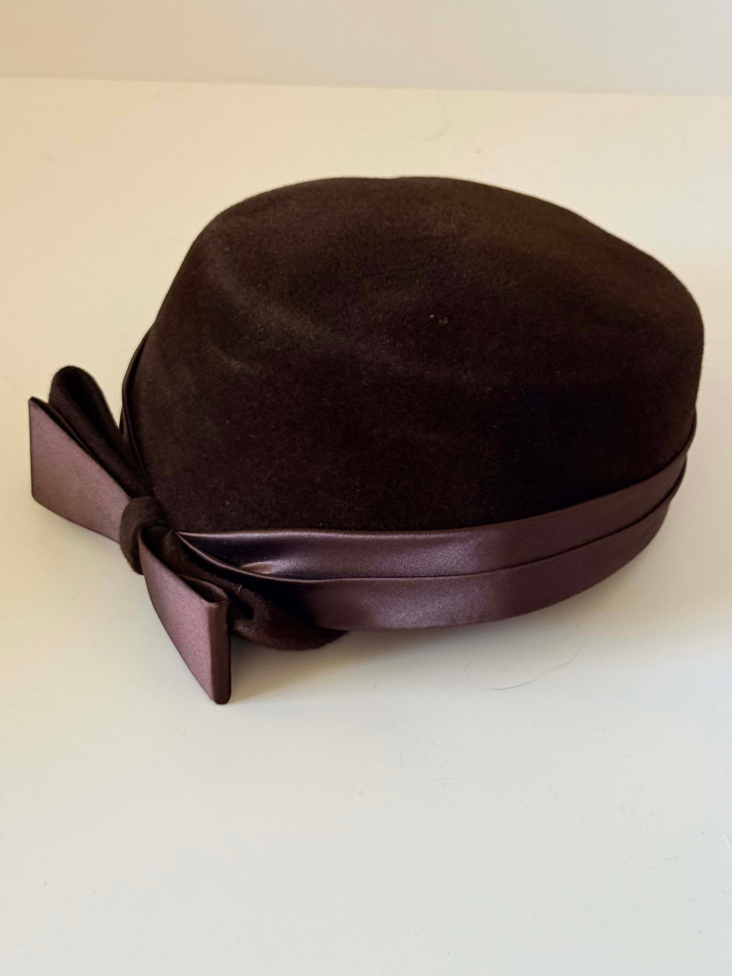 Vintage Dayton's Genuine Velour Pillbox Hat, Brown Fur Felt Hat, Satin Bow Cocktail Hat, 1960s Designer Millinery, Mad Men Style