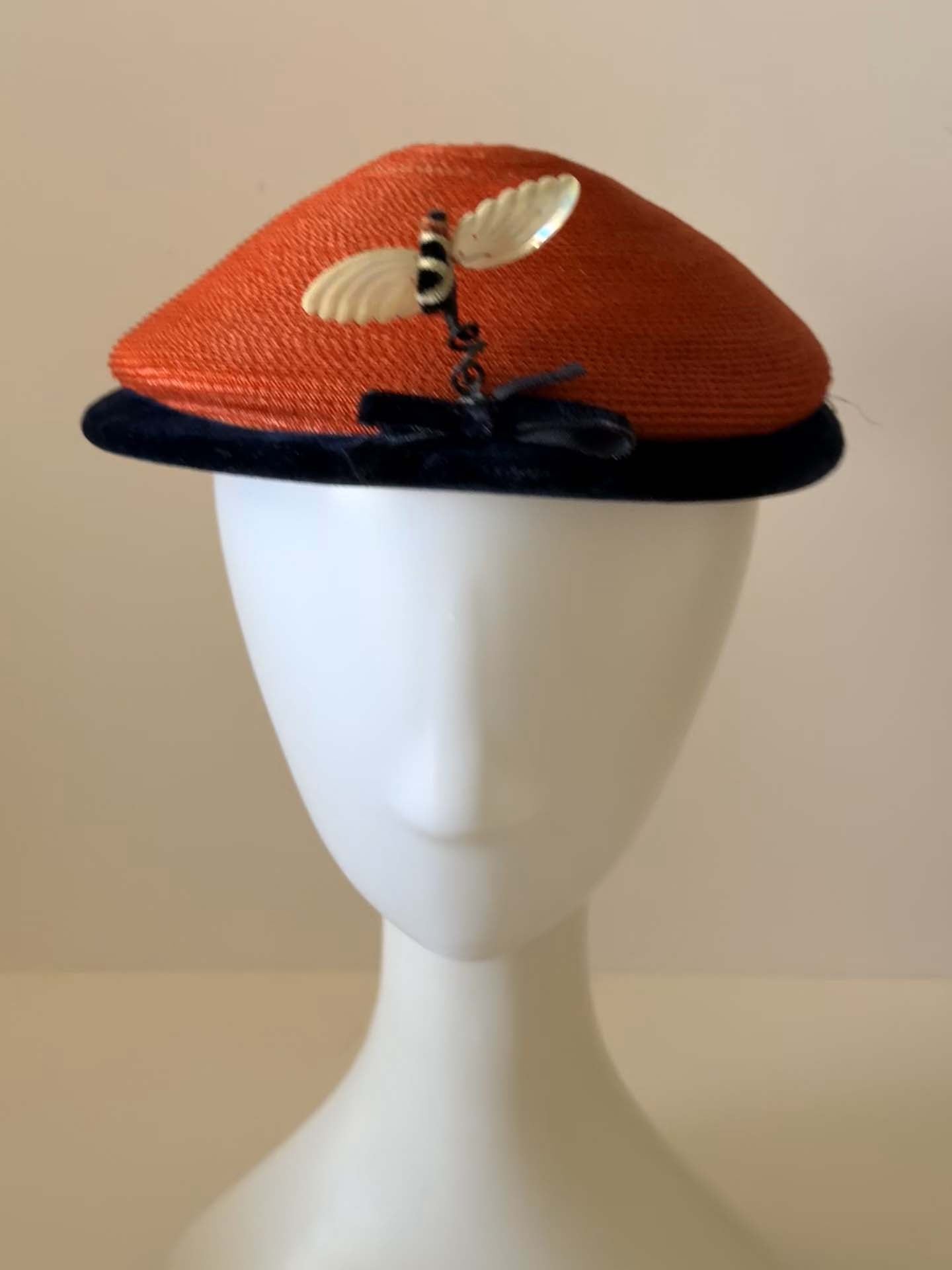 Vintage Red Straw Pillbox Hat, Navy Velvet Trim Hat, Novelty Bee Hat, 1960s Cocktail Hat, Mid Century Millinery
