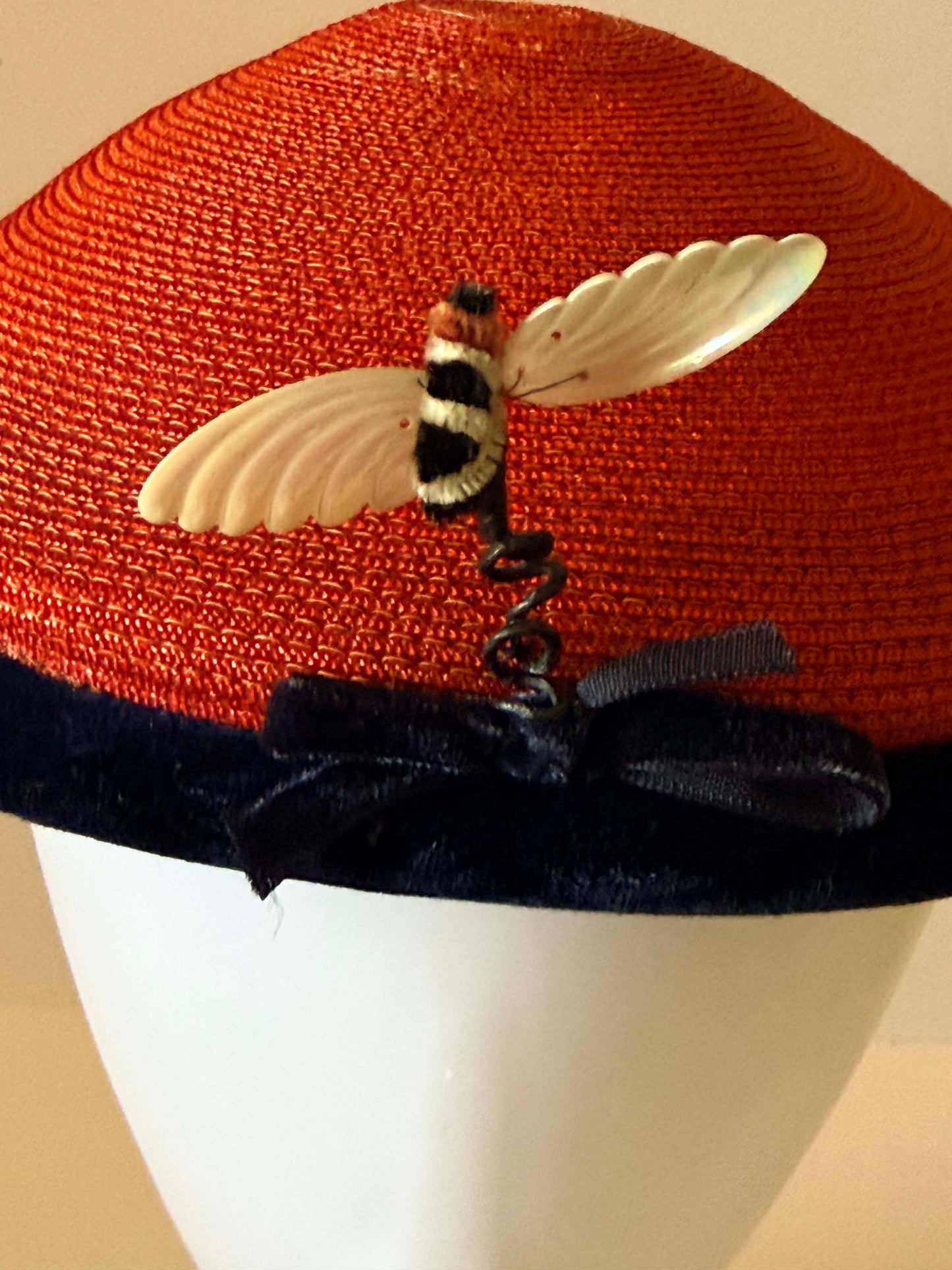 Vintage Red Straw Pillbox Hat, Navy Velvet Trim Hat, Novelty Bee Hat, 1960s Cocktail Hat, Mid Century Millinery