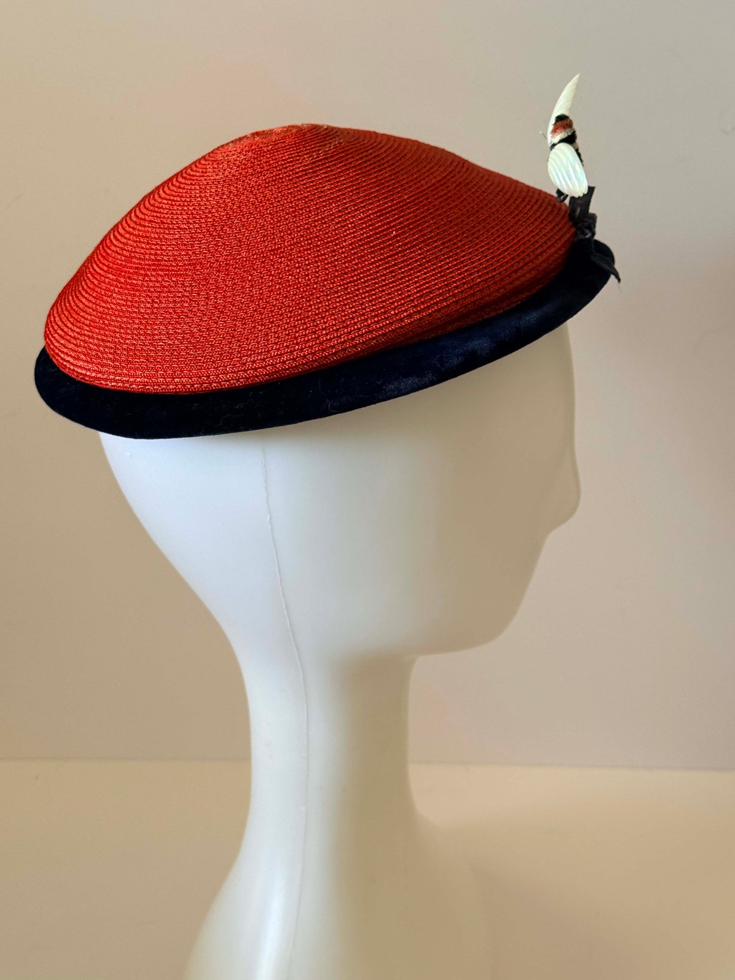 Vintage Red Straw Pillbox Hat, Navy Velvet Trim Hat, Novelty Bee Hat, 1960s Cocktail Hat, Mid Century Millinery