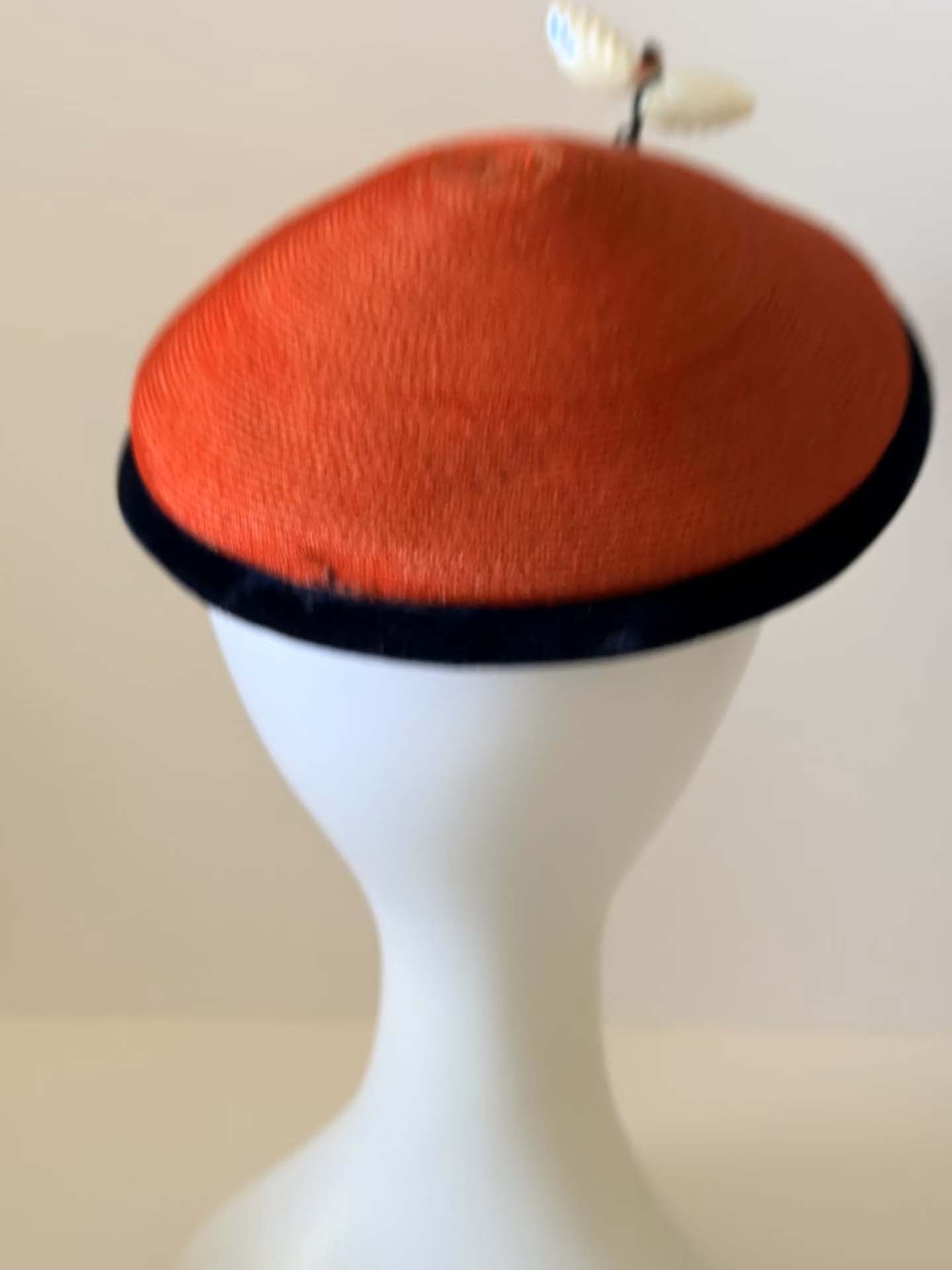 Vintage Red Straw Pillbox Hat, Navy Velvet Trim Hat, Novelty Bee Hat, 1960s Cocktail Hat, Mid Century Millinery