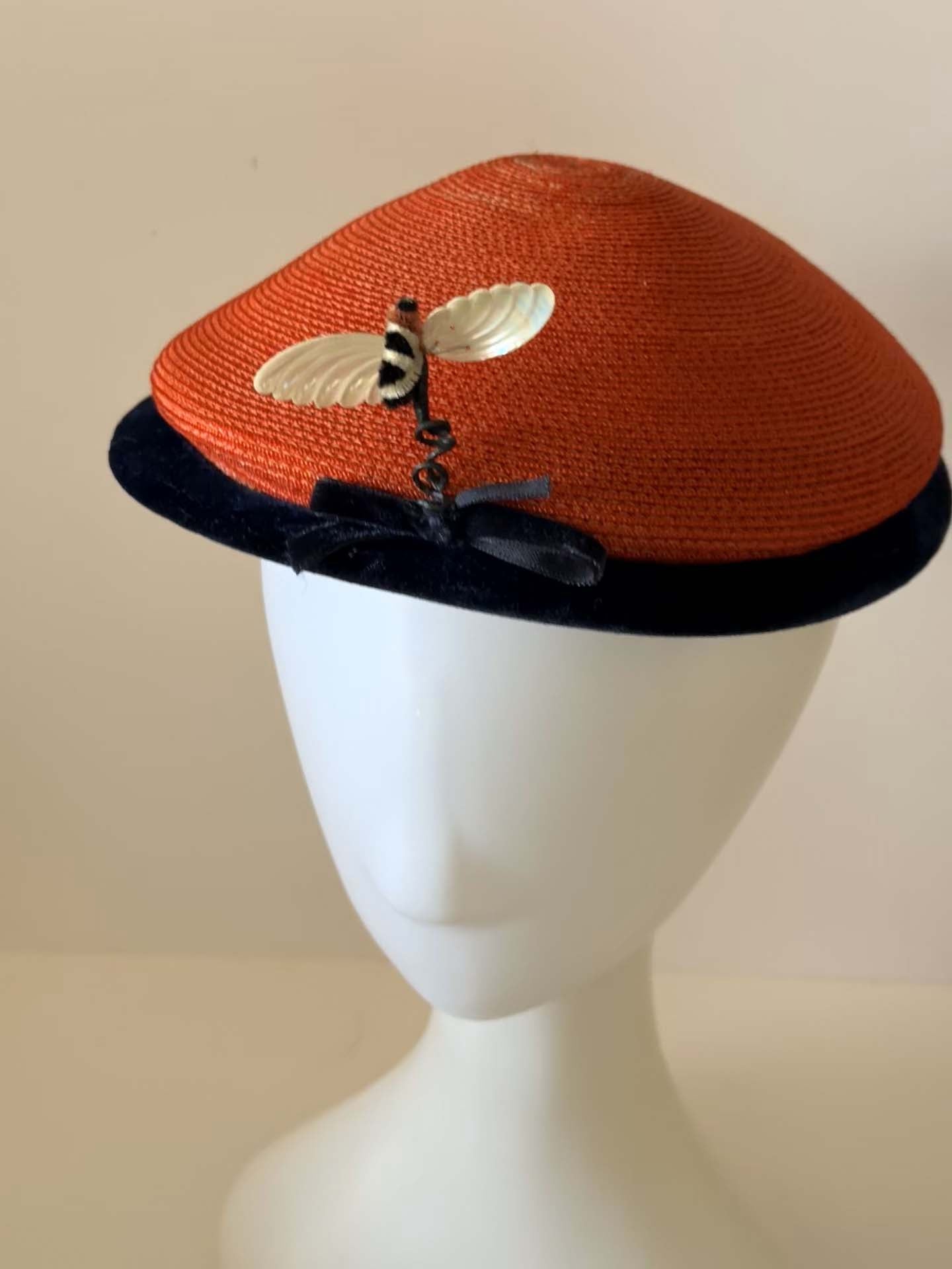 Vintage Red Straw Pillbox Hat, Navy Velvet Trim Hat, Novelty Bee Hat, 1960s Cocktail Hat, Mid Century Millinery