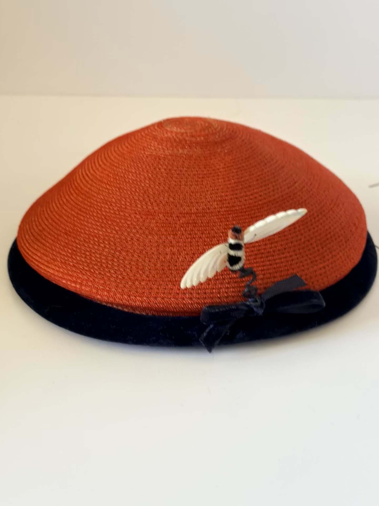 Vintage Red Straw Pillbox Hat, Navy Velvet Trim Hat, Novelty Bee Hat, 1960s Cocktail Hat, Mid Century Millinery