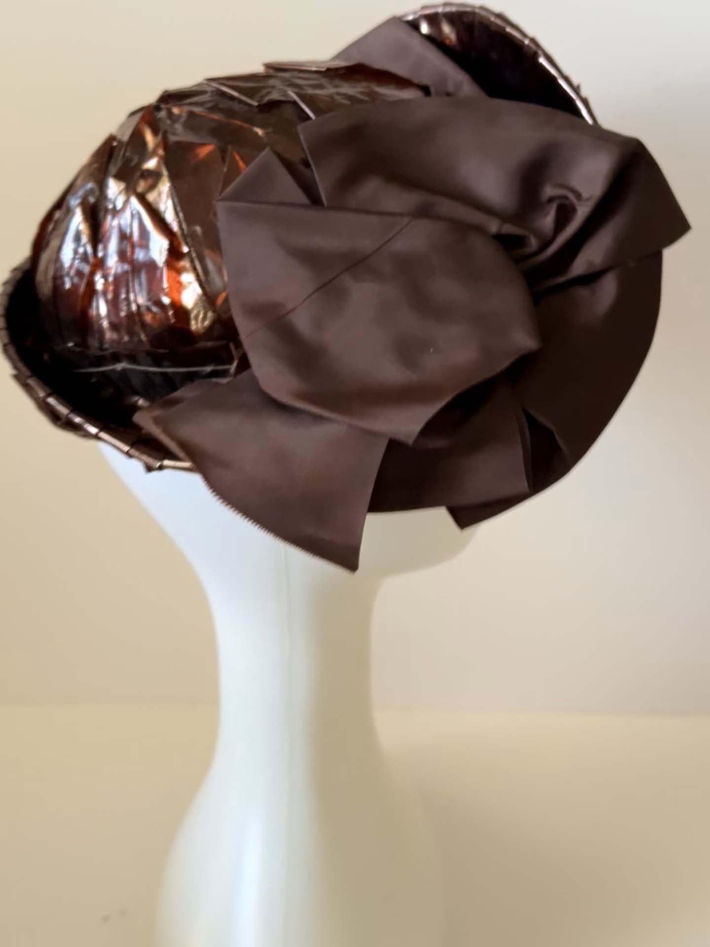 Vintage Evelyn Varon Model Hat, Sculptural Cocktail Hat, Brown Cellophane Hat, Avant Garde Millinery, 1950s Designer Hat