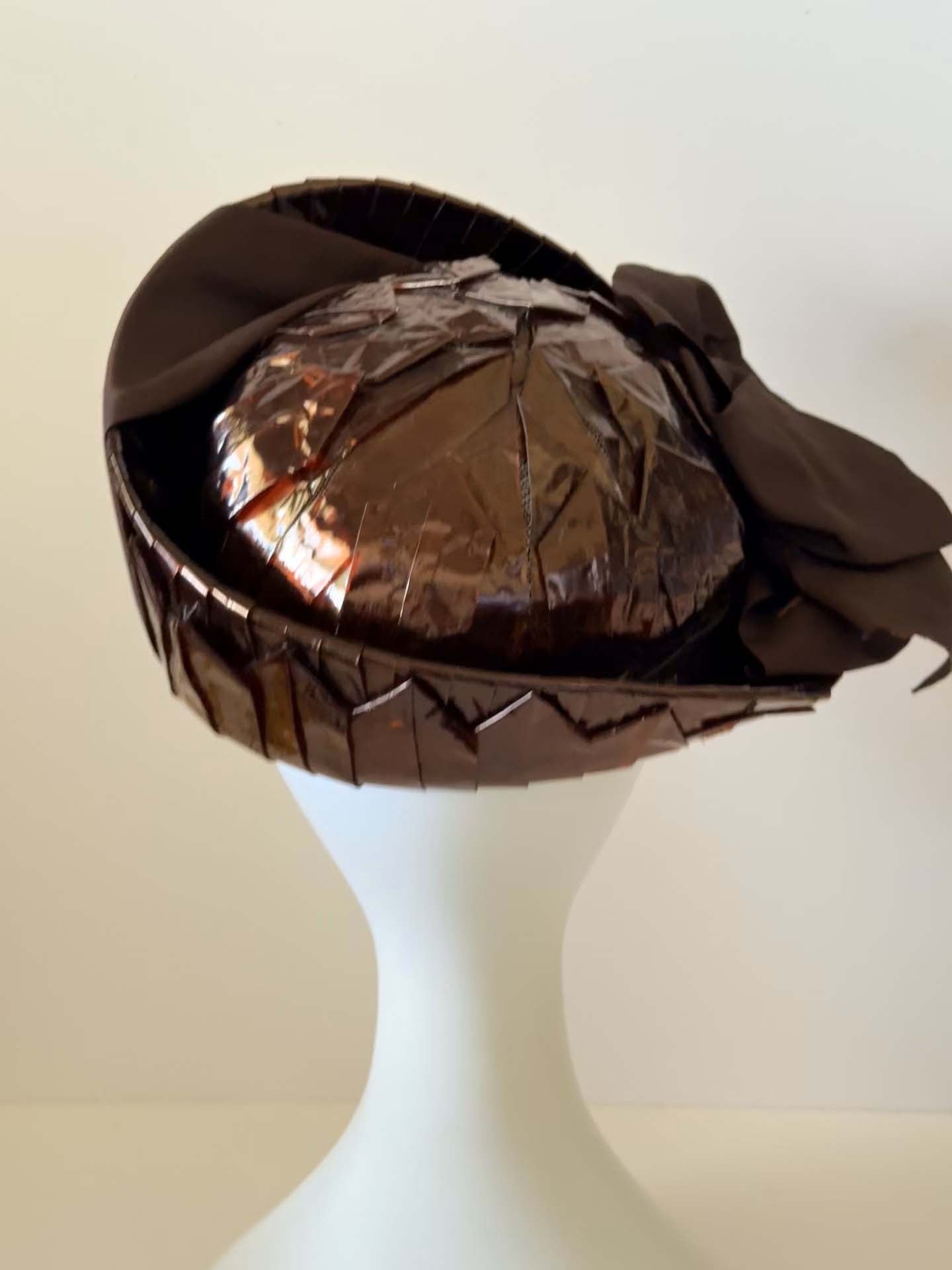 Vintage Evelyn Varon Model Hat, Sculptural Cocktail Hat, Brown Cellophane Hat, Avant Garde Millinery, 1950s Designer Hat
