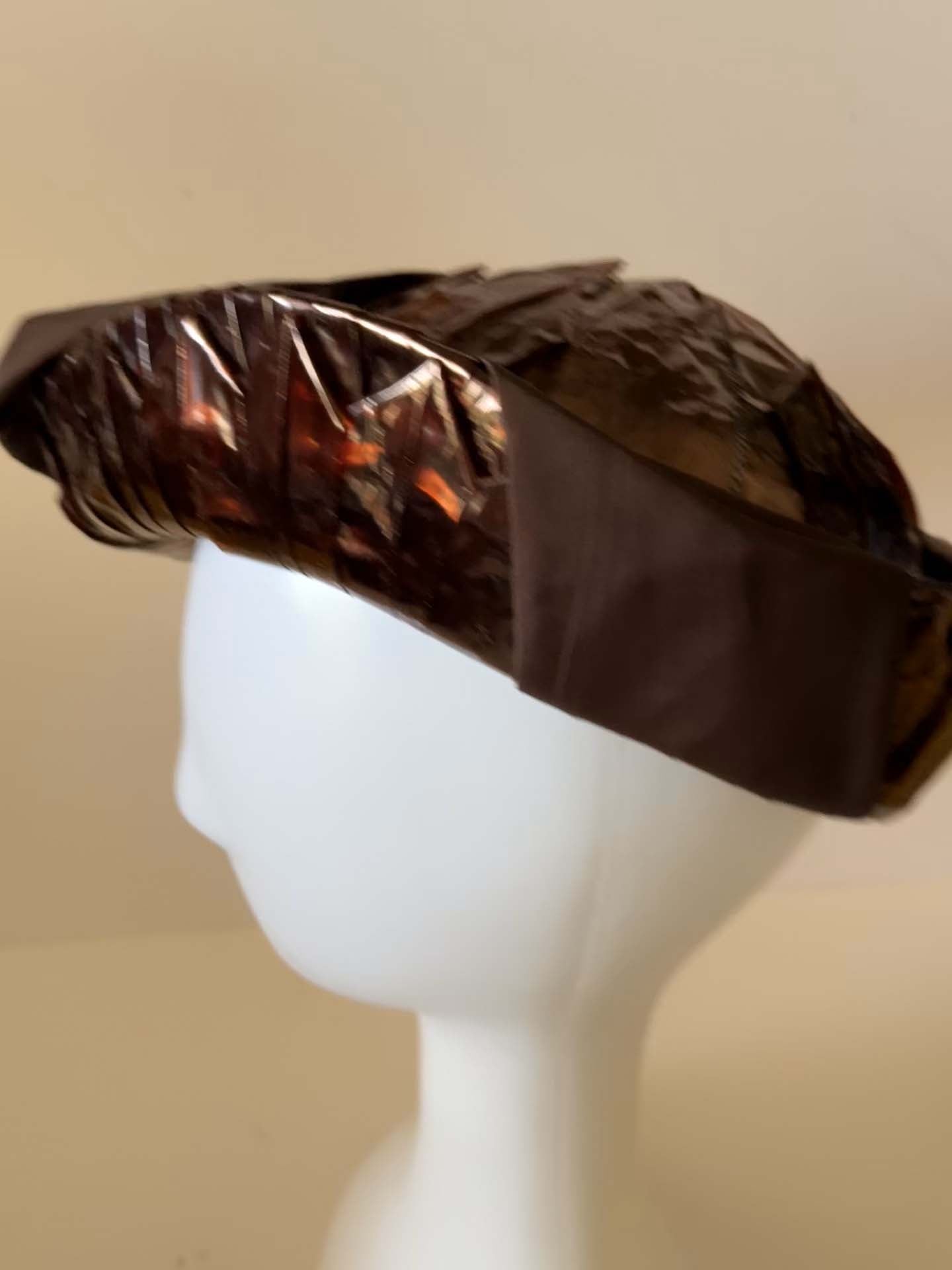 Vintage Evelyn Varon Model Hat, Sculptural Cocktail Hat, Brown Cellophane Hat, Avant Garde Millinery, 1950s Designer Hat