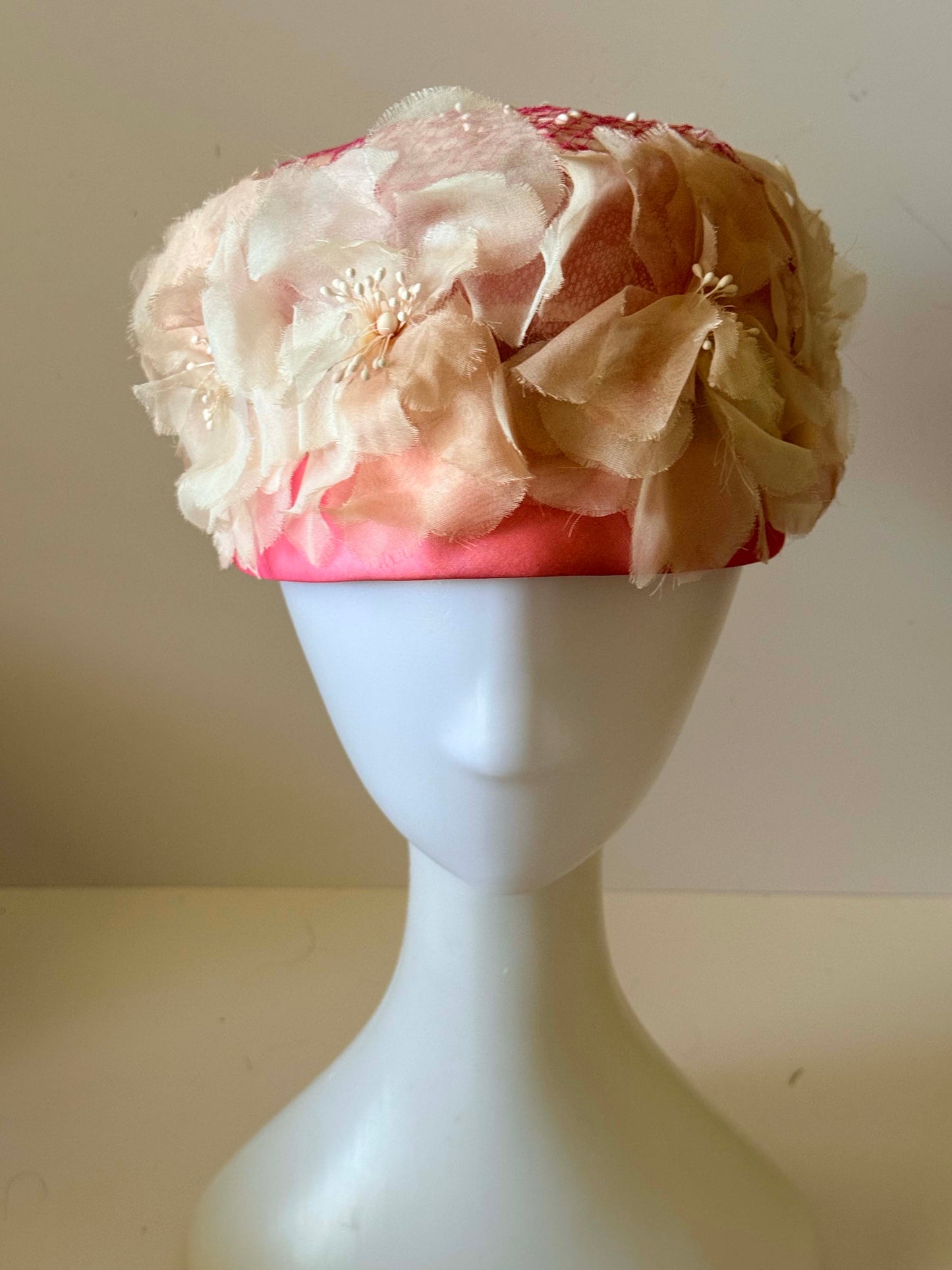 Vintage Mark III Floral Pillbox Hat, Pink Floral Cocktail Hat, 1960s Flower Hat, Veiled Spring Hat, Romantic Bridal Hat, Garden Party Millinery