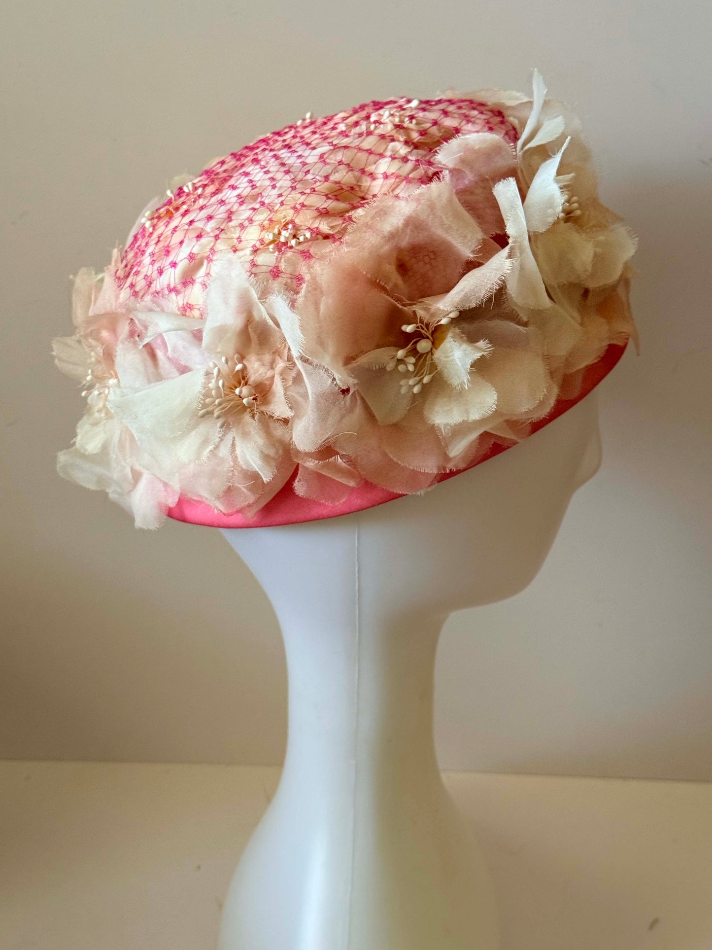 Vintage Mark III Floral Pillbox Hat, Pink Floral Cocktail Hat, 1960s Flower Hat, Veiled Spring Hat, Romantic Bridal Hat, Garden Party Millinery