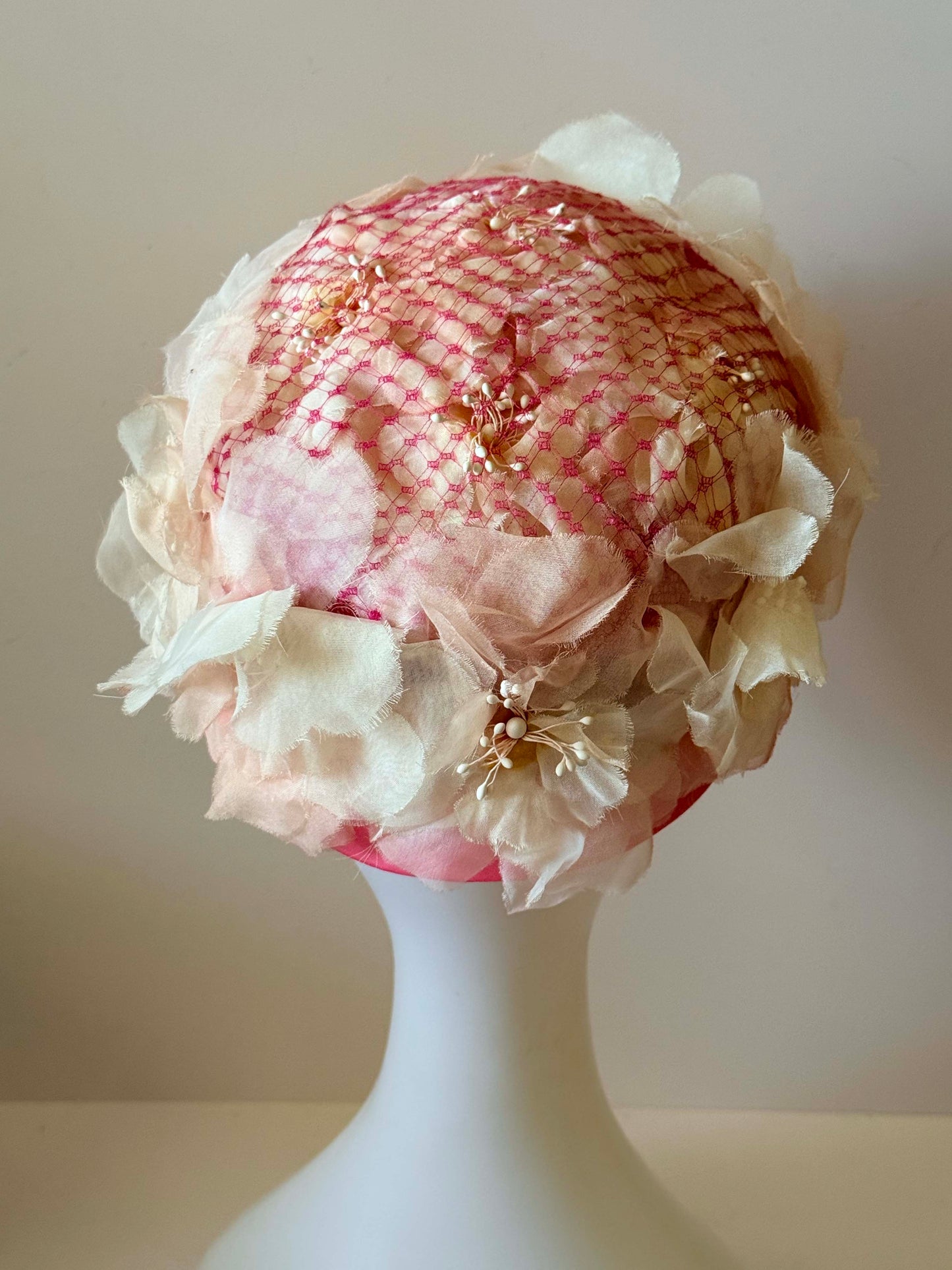 Vintage Mark III Floral Pillbox Hat, Pink Floral Cocktail Hat, 1960s Flower Hat, Veiled Spring Hat, Romantic Bridal Hat, Garden Party Millinery