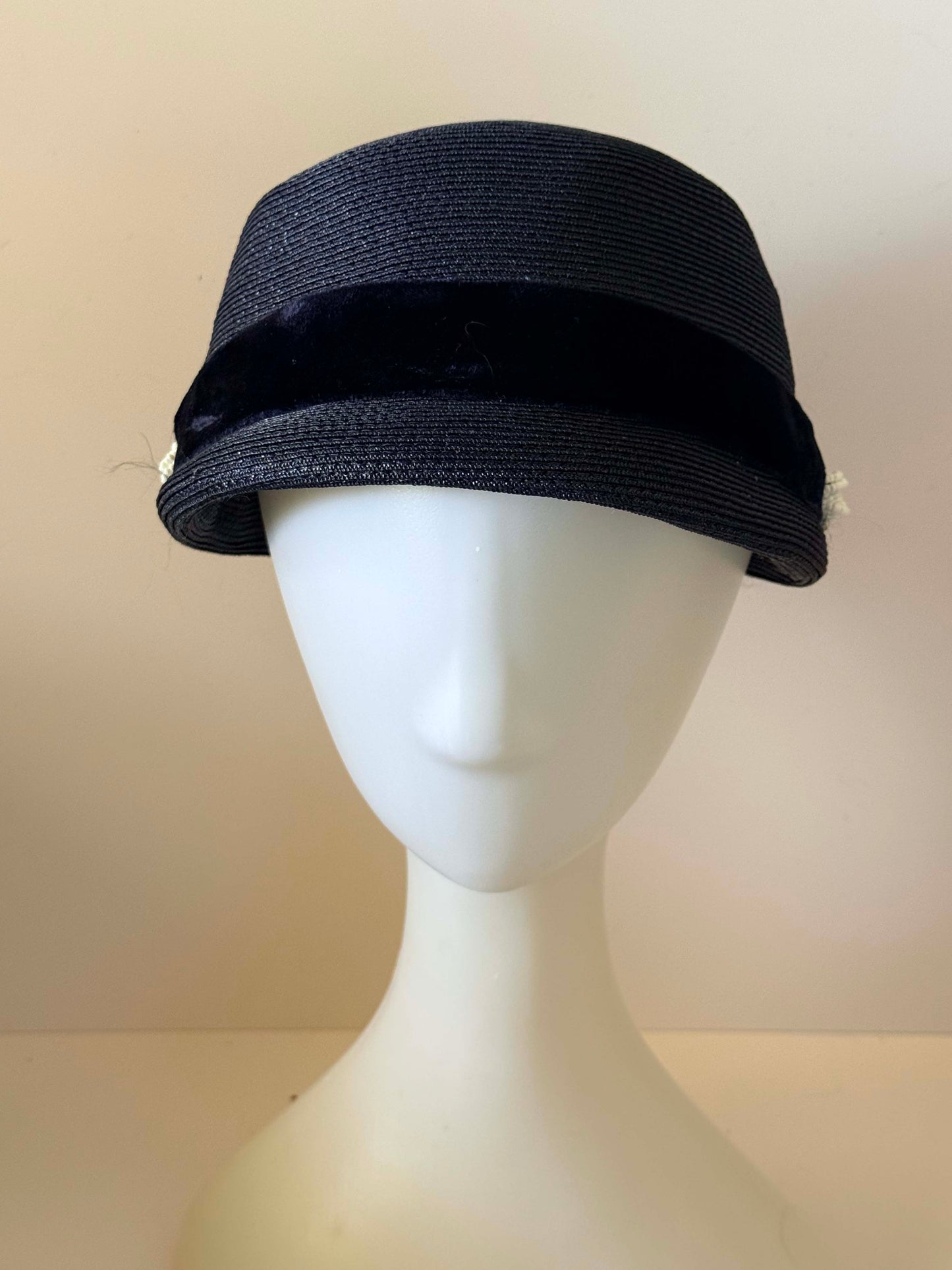 Vintage Navy Blue Cloche Hat, 1960s Straw Hat, Navy Velvet Trim Hat, Mid Century Cocktail Hat, Church Hat, Classic Ladies Millinery