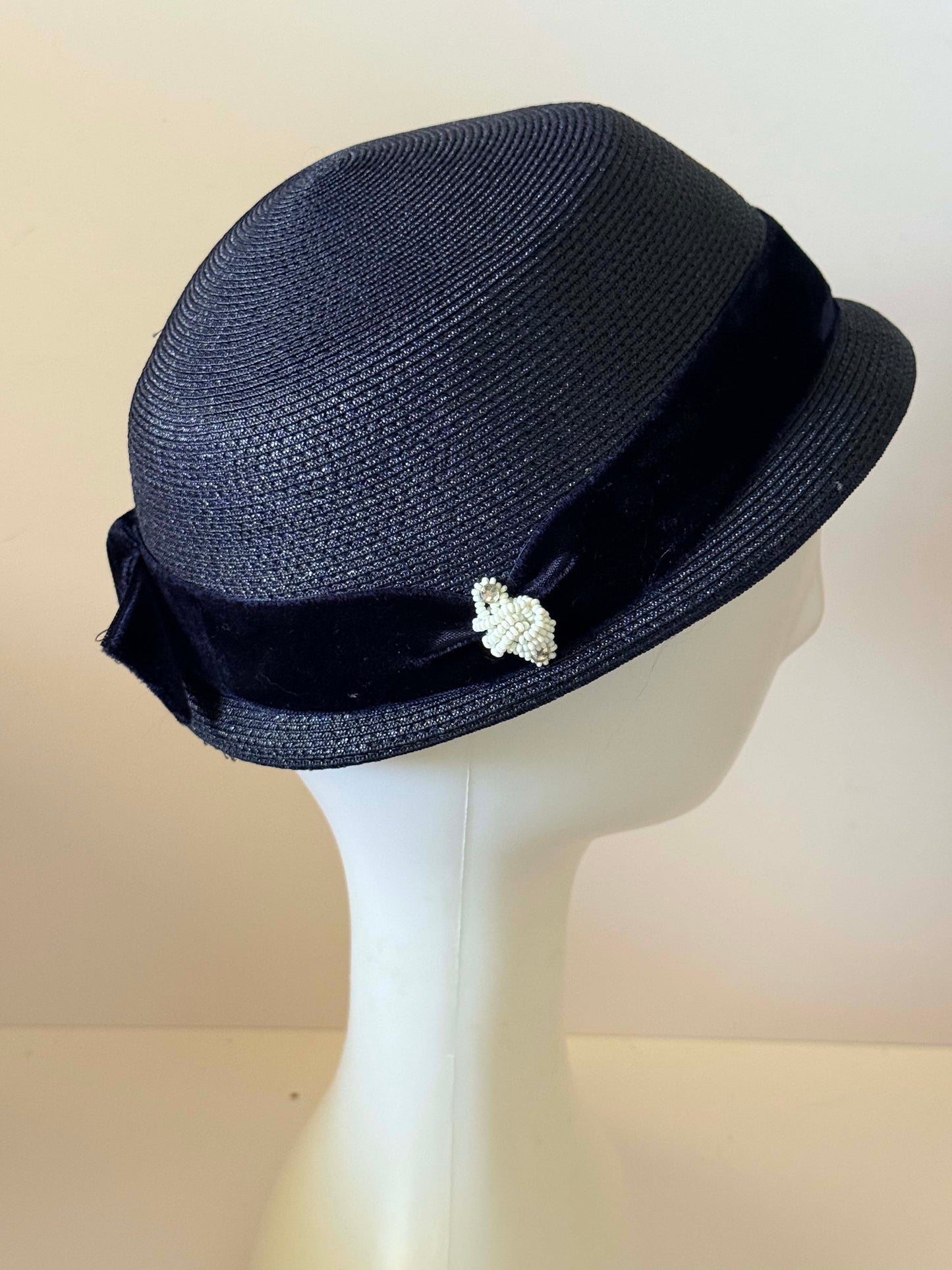 Vintage Navy Blue Cloche Hat, 1960s Straw Hat, Navy Velvet Trim Hat, Mid Century Cocktail Hat, Church Hat, Classic Ladies Millinery