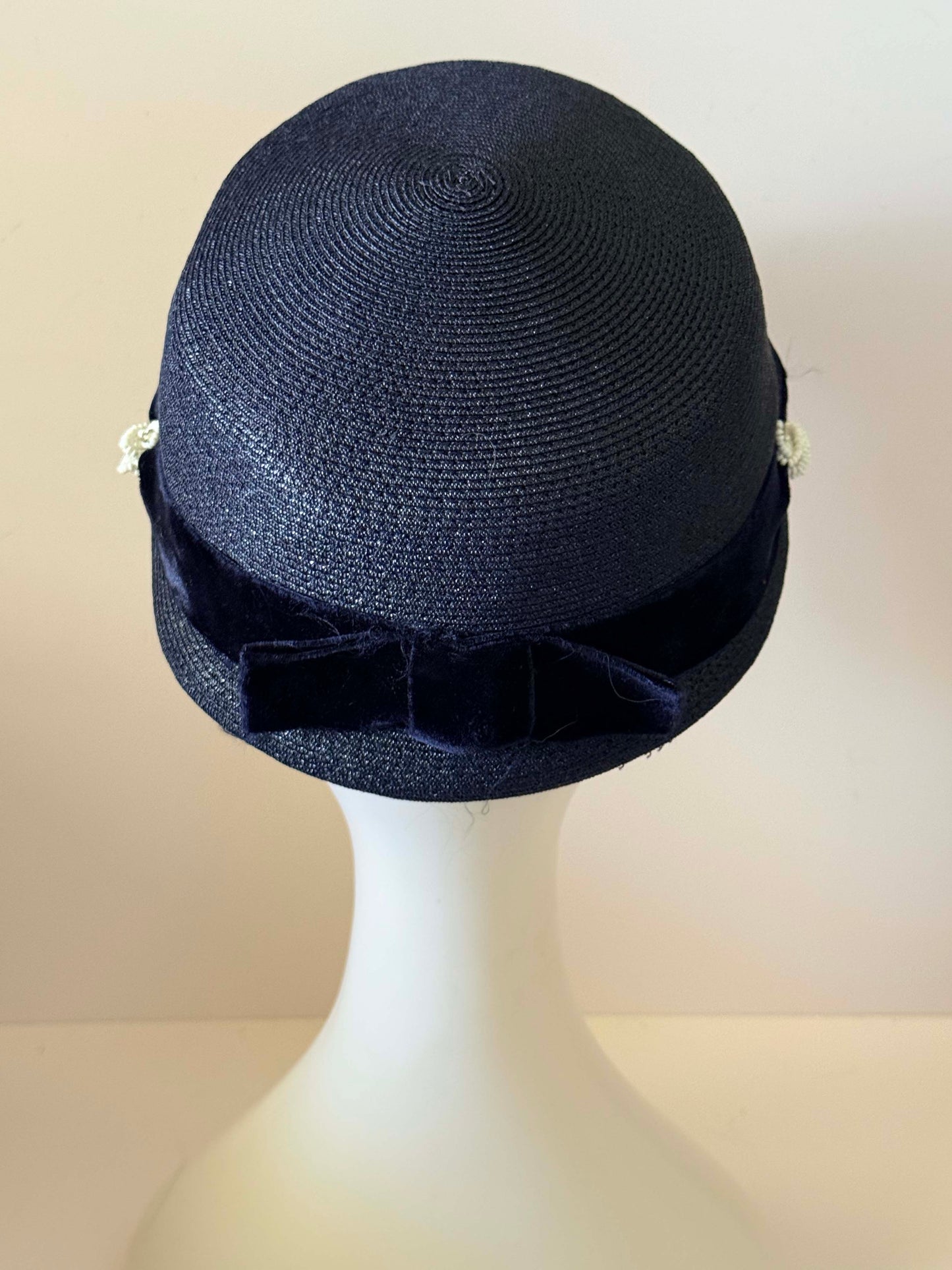 Vintage Navy Blue Cloche Hat, 1960s Straw Hat, Navy Velvet Trim Hat, Mid Century Cocktail Hat, Church Hat, Classic Ladies Millinery