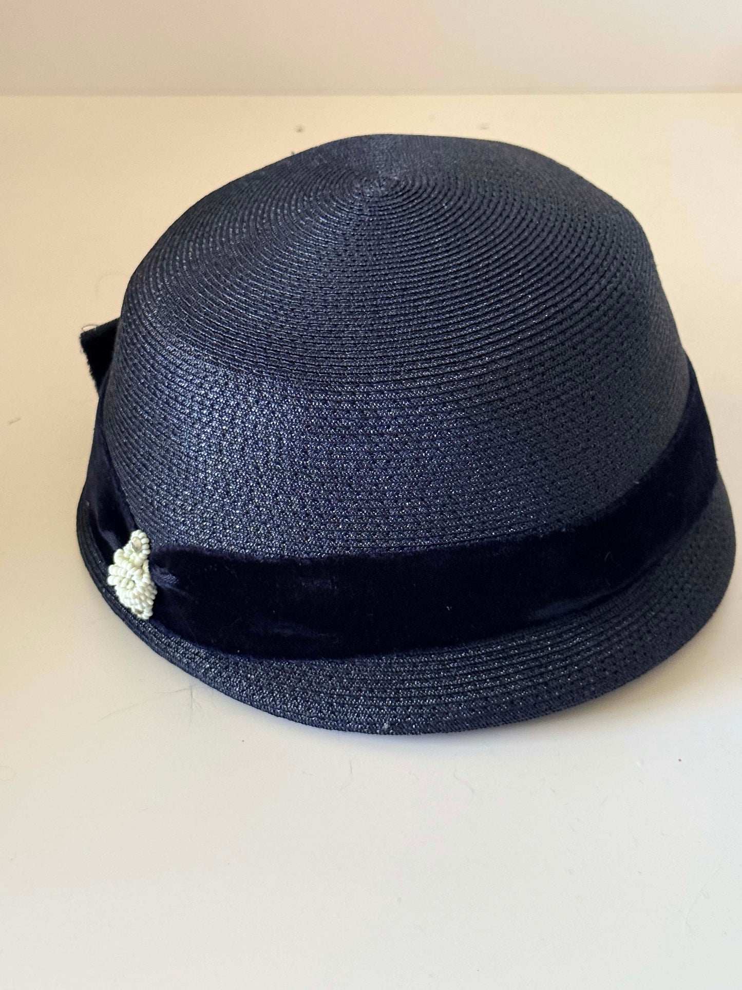 Vintage Navy Blue Cloche Hat, 1960s Straw Hat, Navy Velvet Trim Hat, Mid Century Cocktail Hat, Church Hat, Classic Ladies Millinery