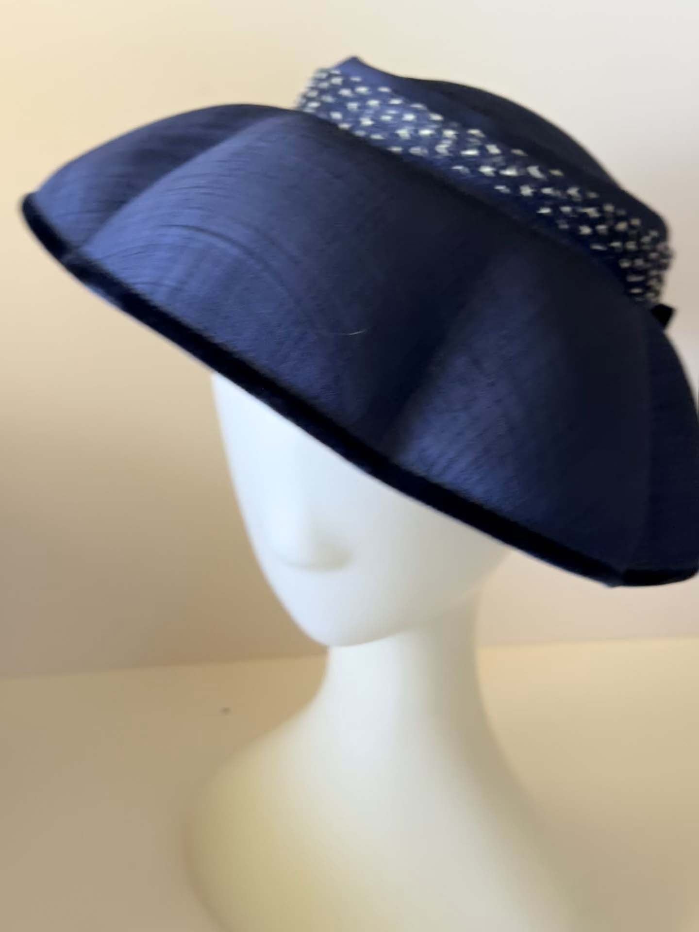 Vintage Valerie Modes Navy Blue Wide Brim Hat, 1960s Church Hat, Mid Century Cocktail Hat, Elegant Dress Hat, Kentucky Derby Hat