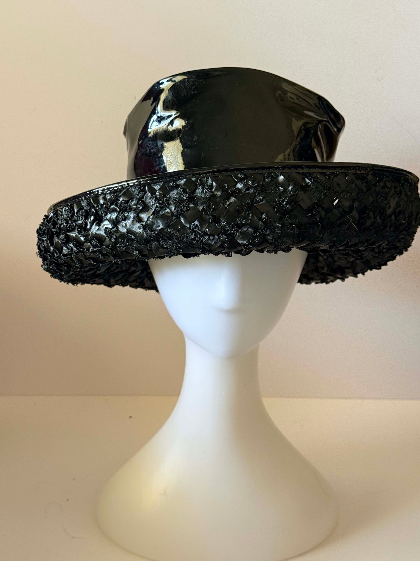Vintage Black Patent Vinyl Wide Brim Hat, 1960s Statement Hat, Mod Cocktail Hat, Textured Brim Hat, Gothic Glamour Occasion Hat