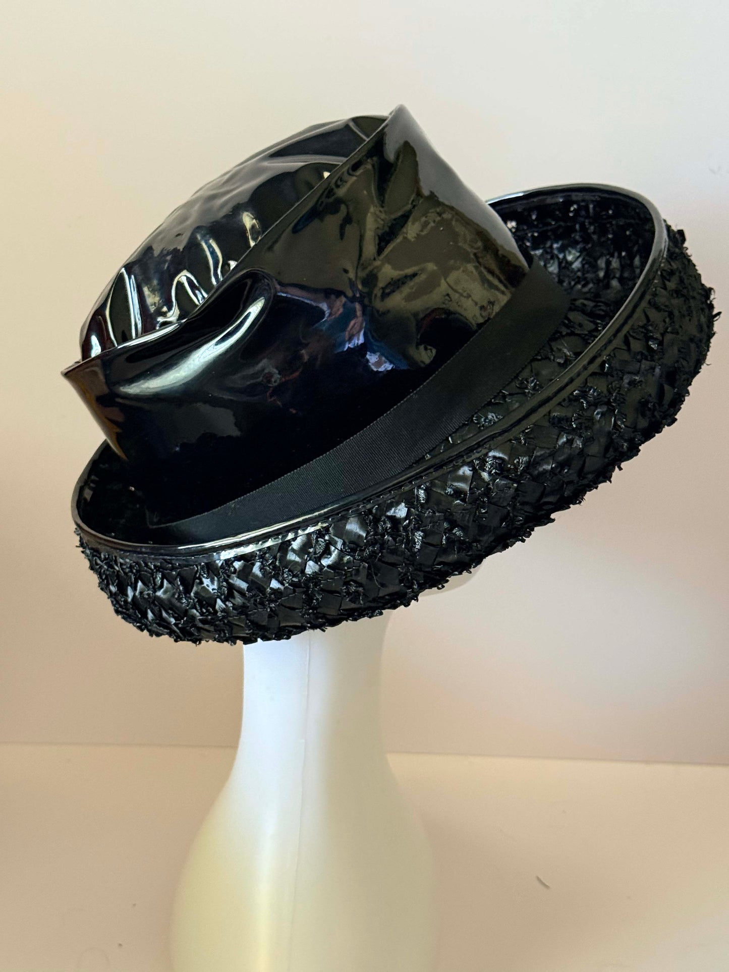 Vintage Black Patent Vinyl Wide Brim Hat, 1960s Statement Hat, Mod Cocktail Hat, Textured Brim Hat, Gothic Glamour Occasion Hat