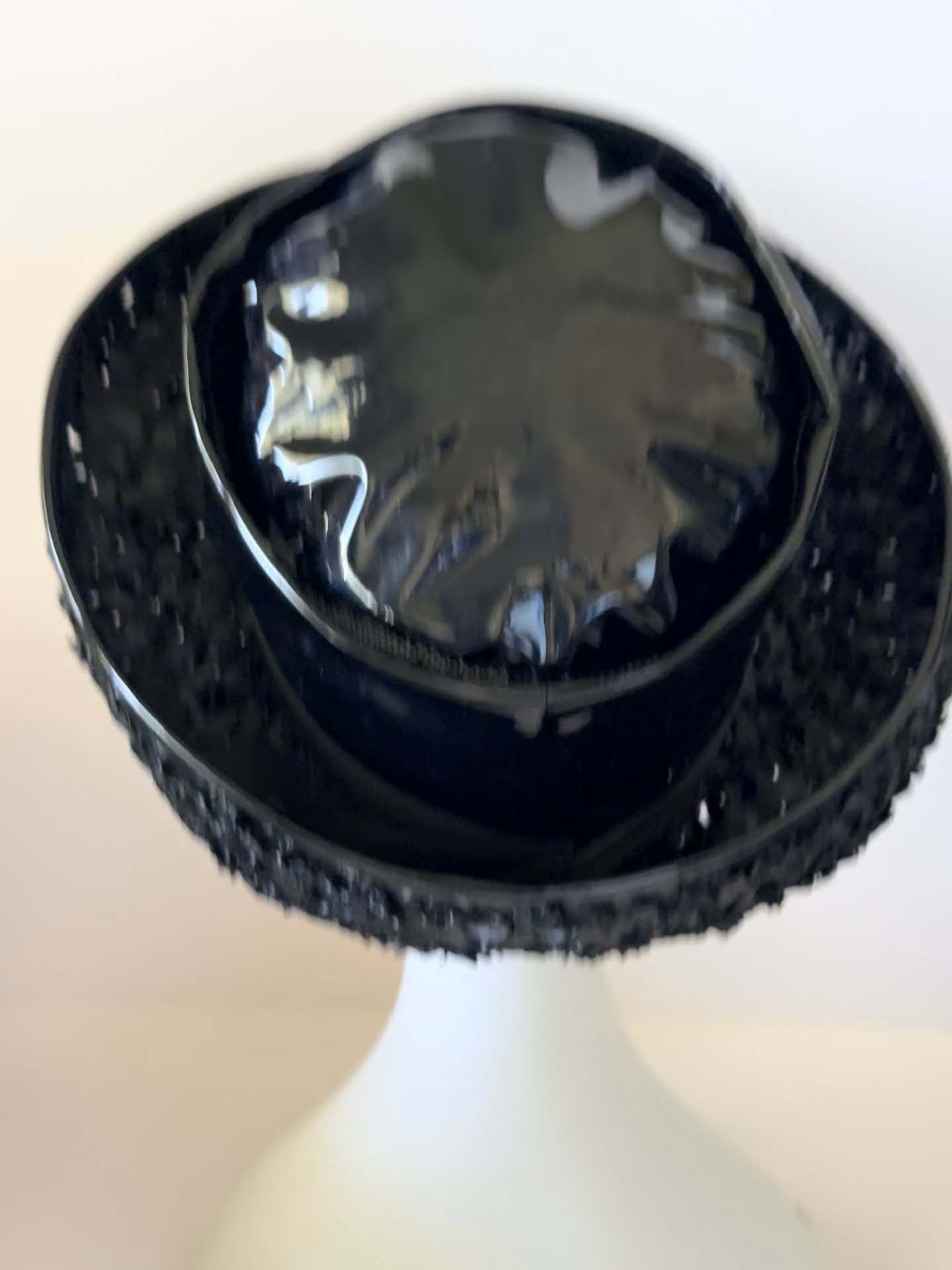 Vintage Black Patent Vinyl Wide Brim Hat, 1960s Statement Hat, Mod Cocktail Hat, Textured Brim Hat, Gothic Glamour Occasion Hat