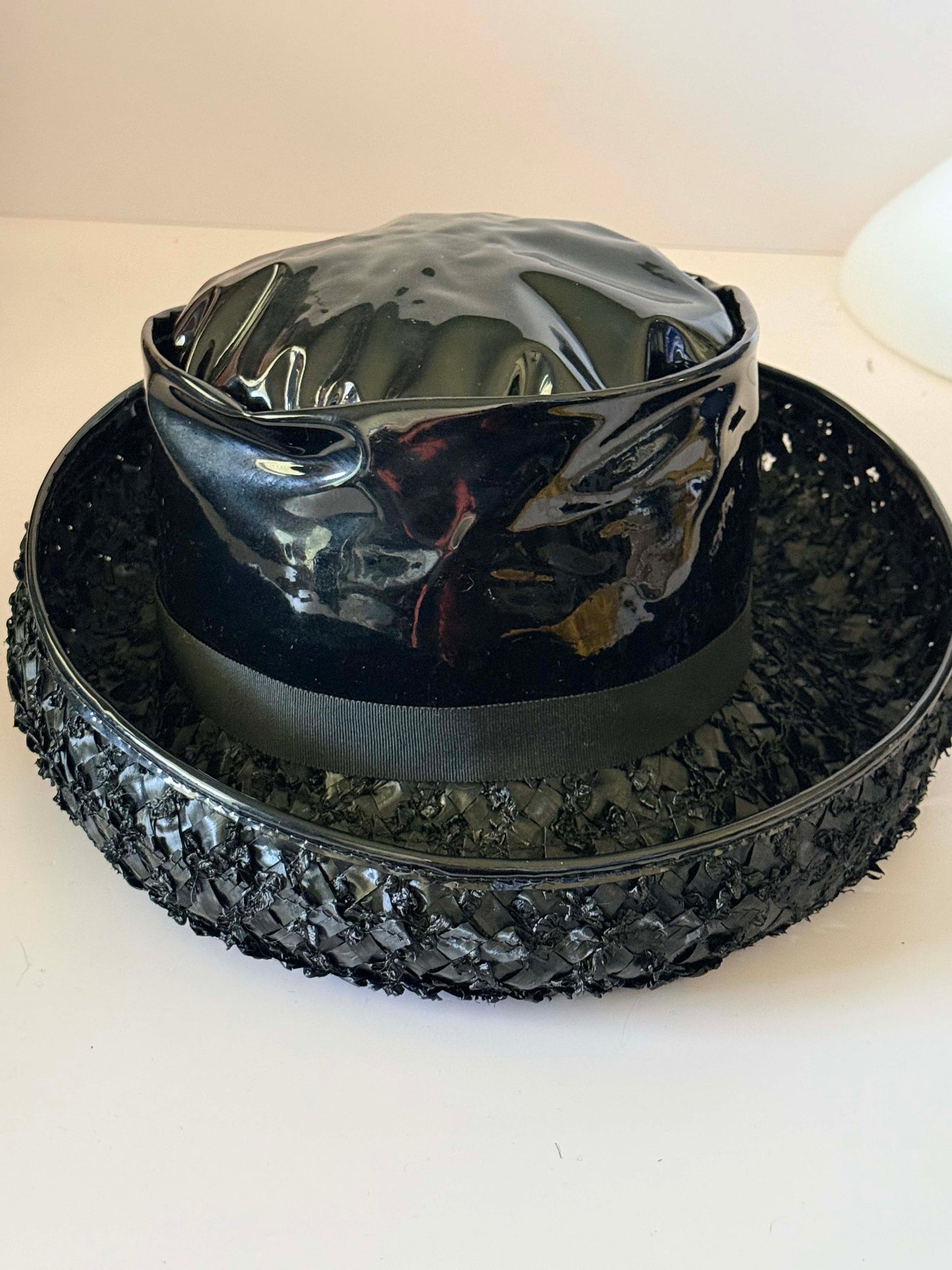 Vintage Black Patent Vinyl Wide Brim Hat, 1960s Statement Hat, Mod Cocktail Hat, Textured Brim Hat, Gothic Glamour Occasion Hat