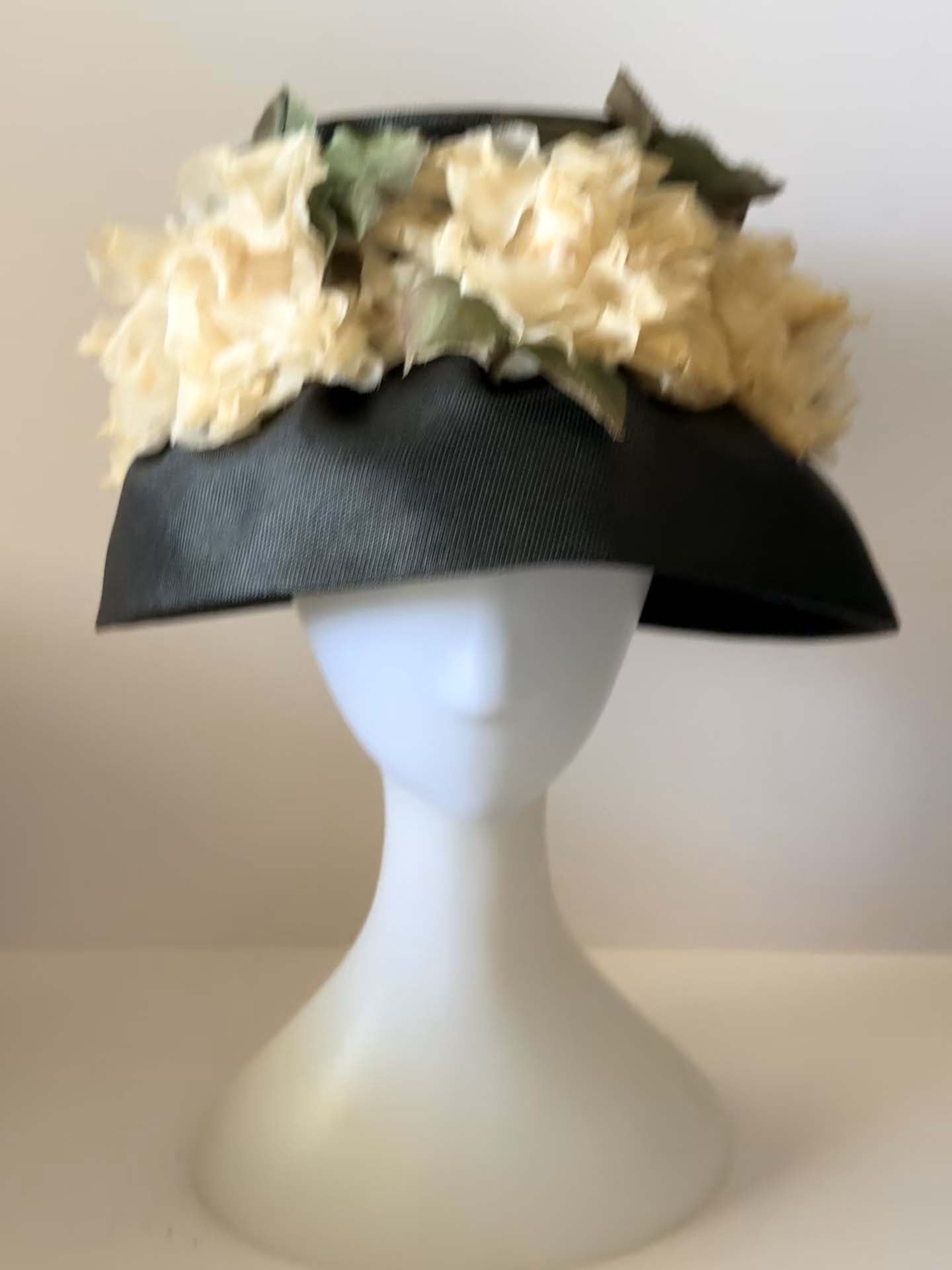 Vintage Black Floral Cartwheel Hat, Wide Brim Picture Hat, Garden Party Hat, Floral Statement Hat, Kentucky Derby Hat, Romantic Vintage Millinery