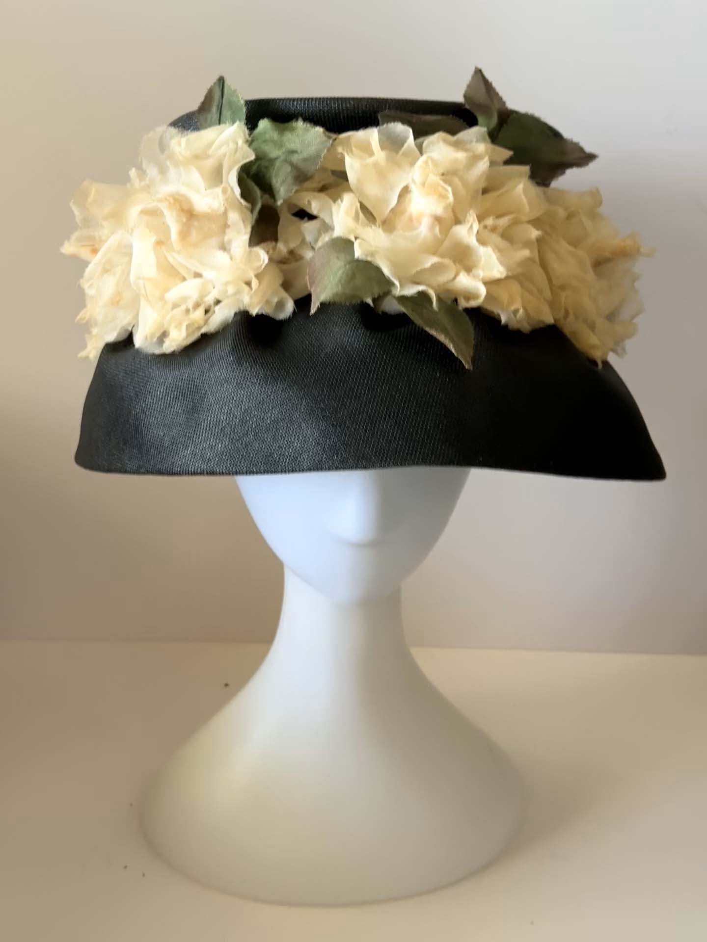 Vintage Black Floral Cartwheel Hat, Wide Brim Picture Hat, Garden Party Hat, Floral Statement Hat, Kentucky Derby Hat, Romantic Vintage Millinery