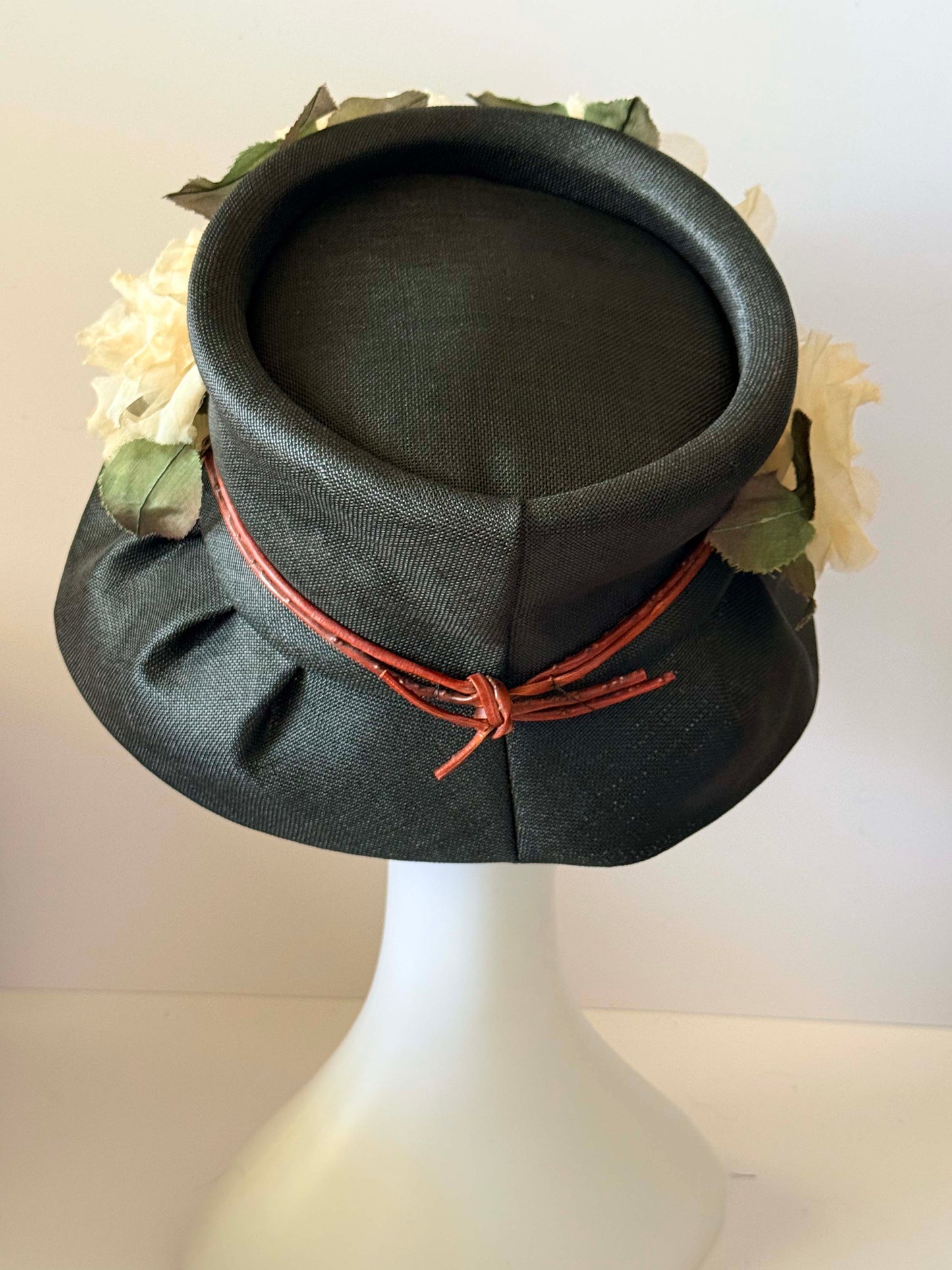 Vintage Black Floral Cartwheel Hat, Wide Brim Picture Hat, Garden Party Hat, Floral Statement Hat, Kentucky Derby Hat, Romantic Vintage Millinery