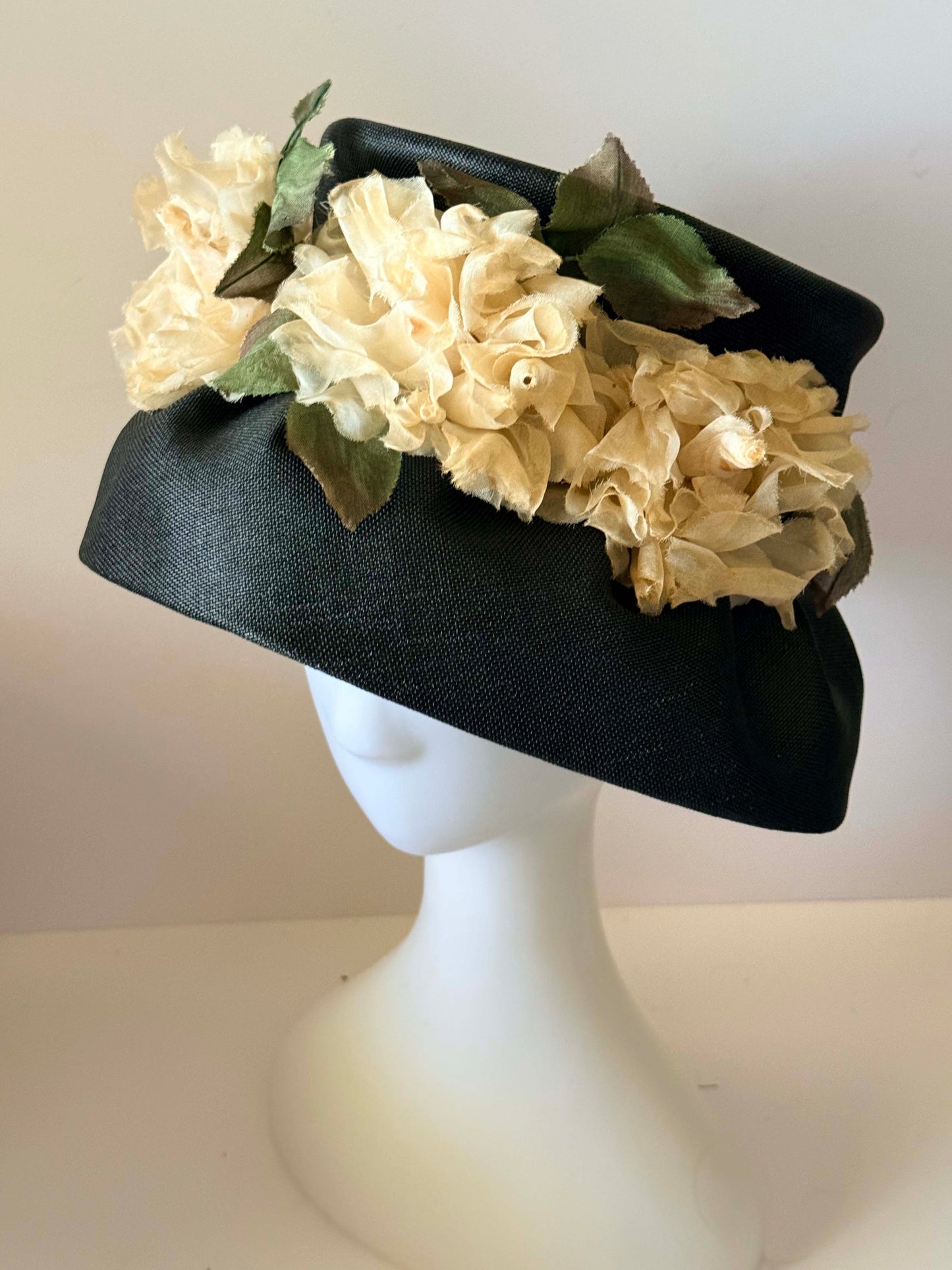 Vintage Black Floral Cartwheel Hat, Wide Brim Picture Hat, Garden Party Hat, Floral Statement Hat, Kentucky Derby Hat, Romantic Vintage Millinery