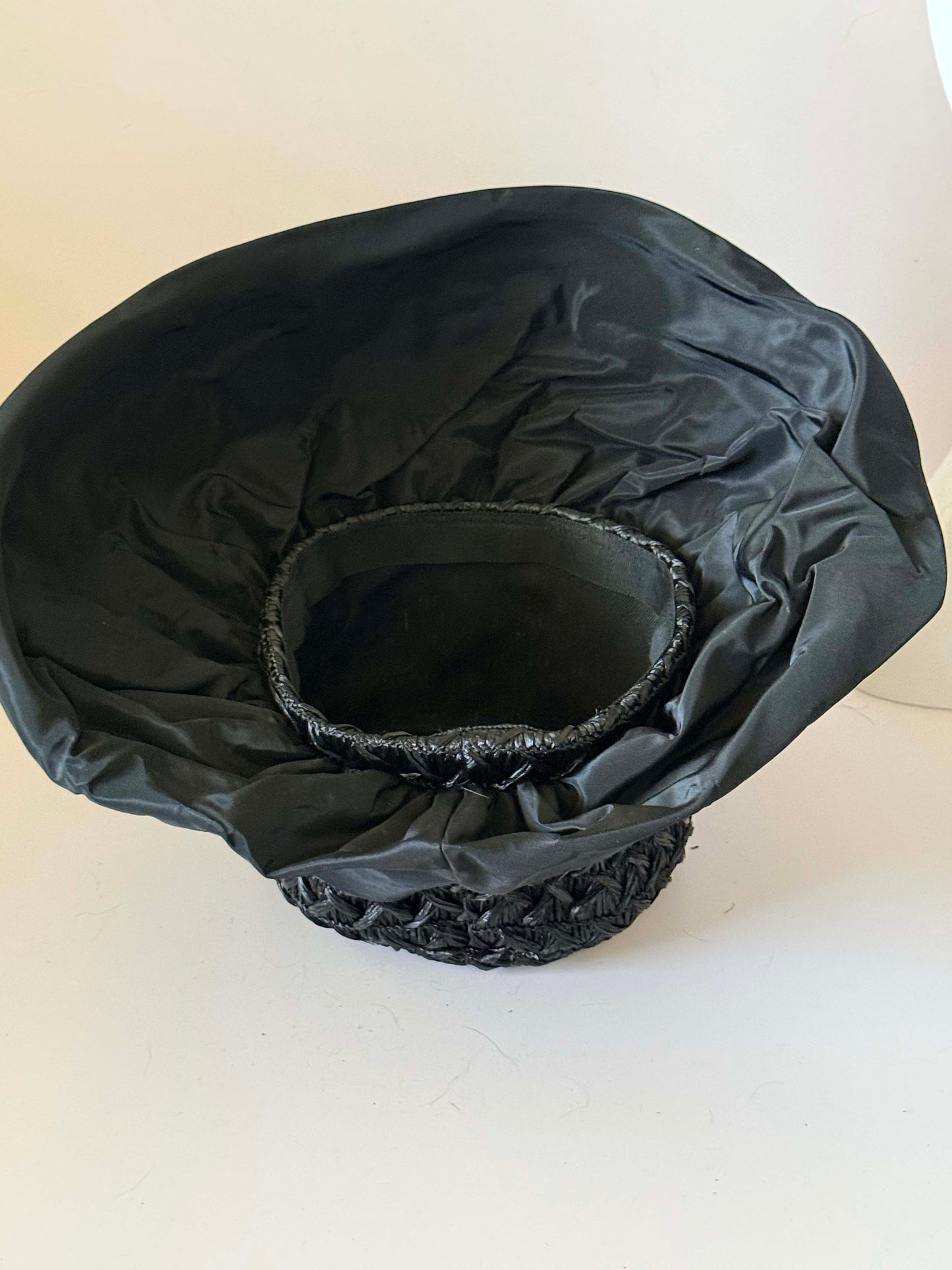 Vintage Black Raffia Crown Hat, Wide Satin Brim Hat, Dramatic Statement Hat, Avant Garde Millinery, Kentucky Derby Hat, Audrey Hepburn Fashion Hat
