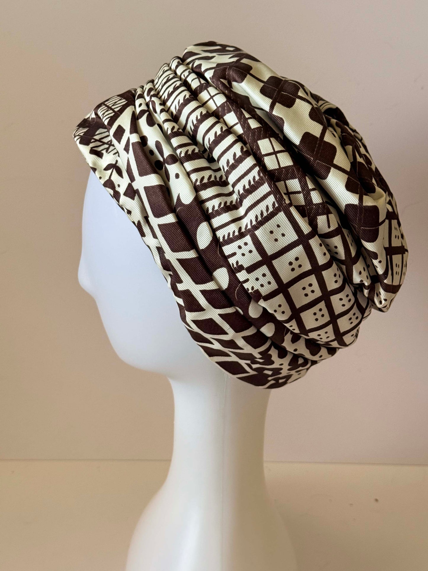 Vintage Gage Turban Hat, Brown and Cream Print Turban, Mod Turban Hat, 1960s Turban, Retro Headwrap Hat, Vintage Fashion Hat
