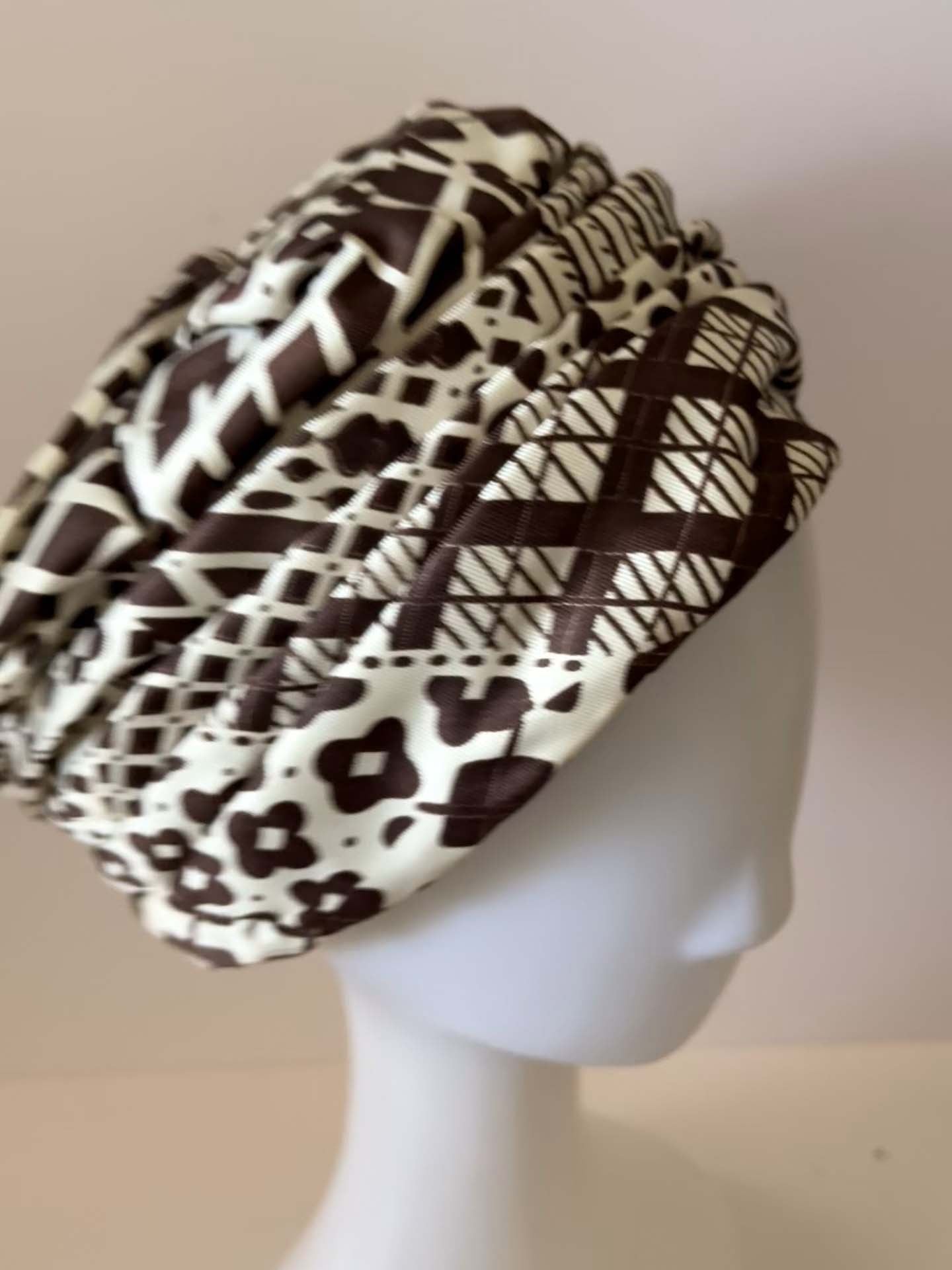 Vintage Gage Turban Hat, Brown and Cream Print Turban, Mod Turban Hat, 1960s Turban, Retro Headwrap Hat, Vintage Fashion Hat