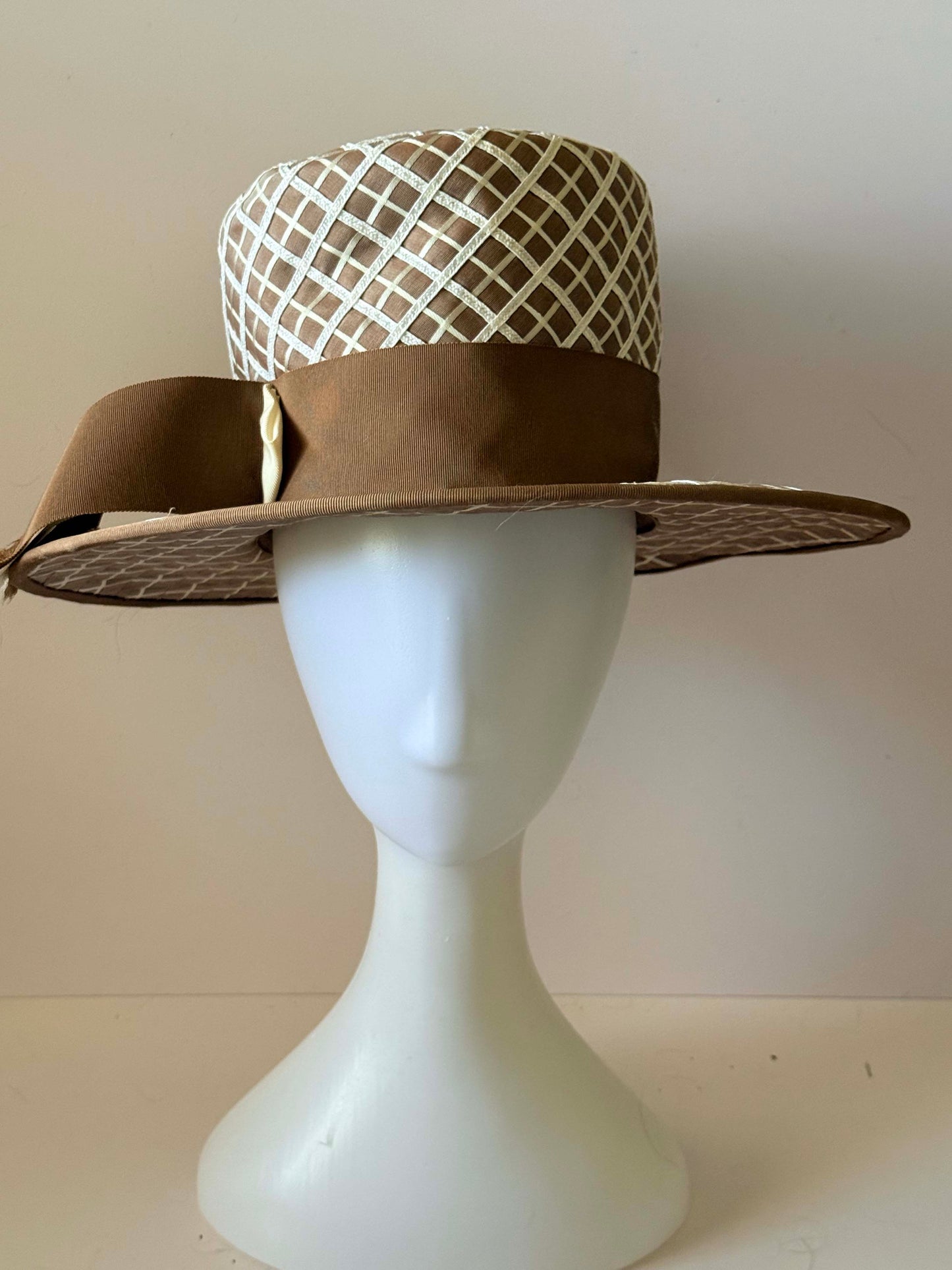 Vintage Mr. John Jr Hat, Taupe Grid Wide Brim Hat, 1960s Designer Hat, Mod Derby Hat, Structured Occasion Hat, Vintage Millinery