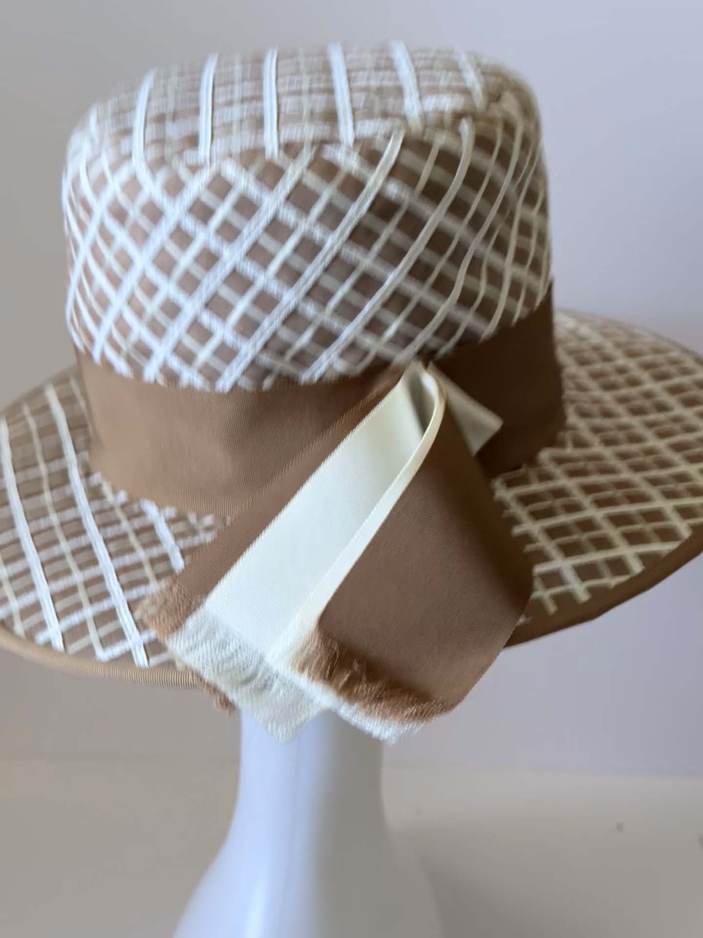 Vintage Mr. John Jr Hat, Taupe Grid Wide Brim Hat, 1960s Designer Hat, Mod Derby Hat, Structured Occasion Hat, Vintage Millinery