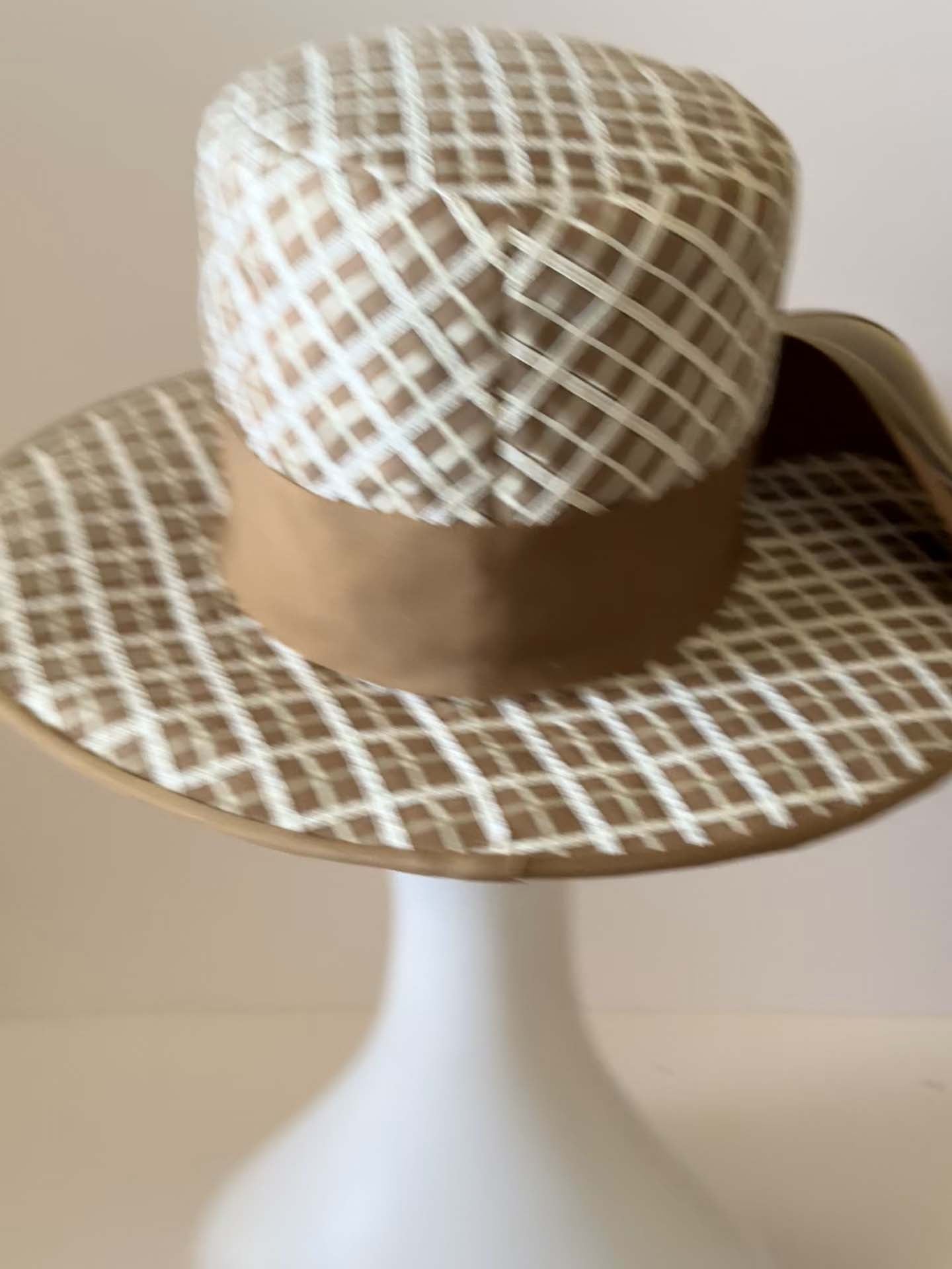 Vintage Mr. John Jr Hat, Taupe Grid Wide Brim Hat, 1960s Designer Hat, Mod Derby Hat, Structured Occasion Hat, Vintage Millinery