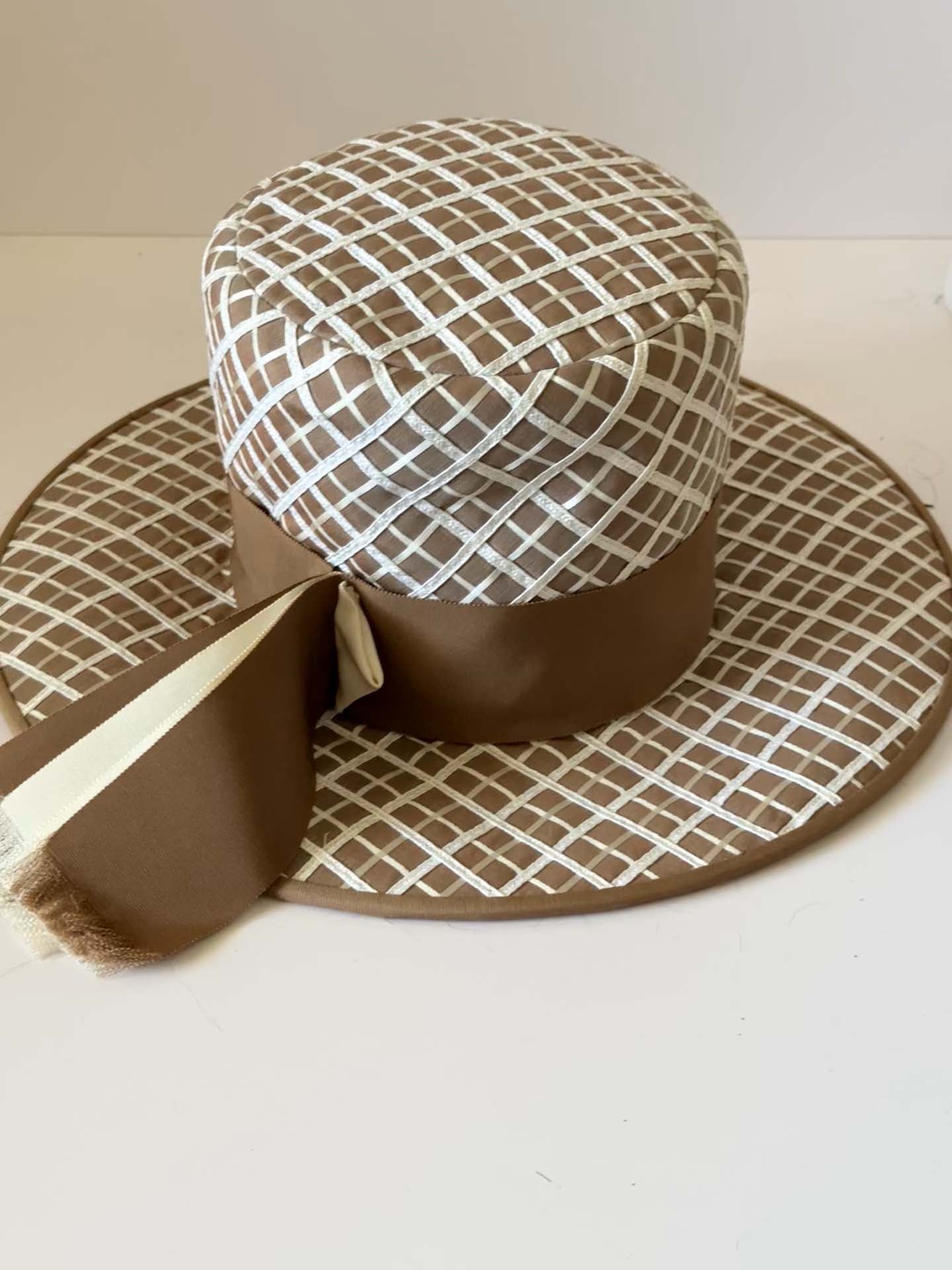 Vintage Mr. John Jr Hat, Taupe Grid Wide Brim Hat, 1960s Designer Hat, Mod Derby Hat, Structured Occasion Hat, Vintage Millinery