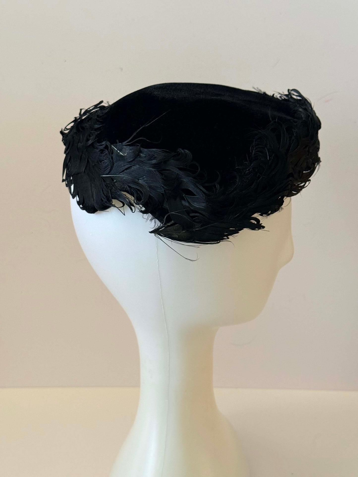 Vintage Black Feather Pillbox Hat | 1950s Cocktail Hat | Black Feather Trim Toque | Mid Century Millinery | Classic Formal Hat