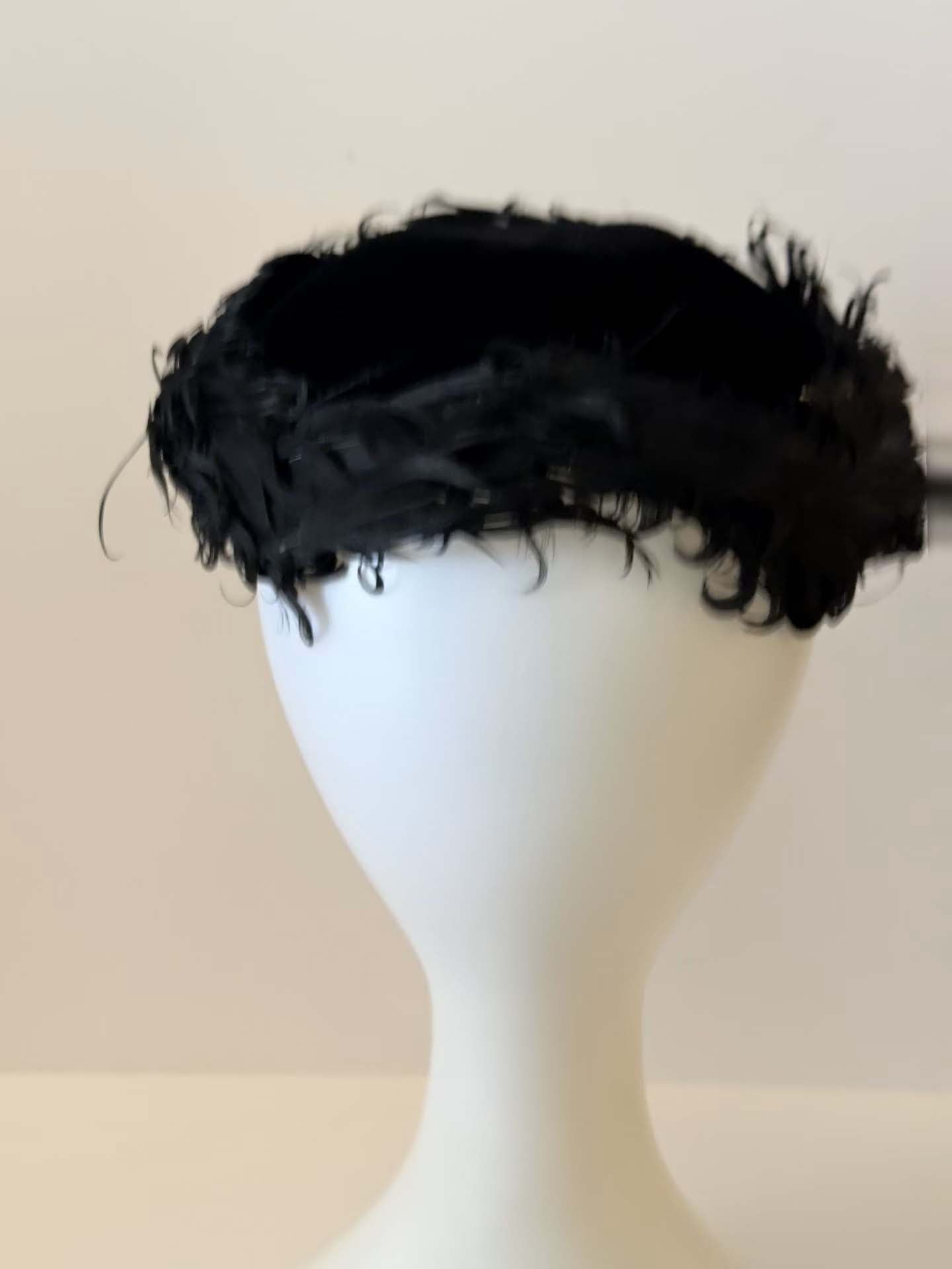 Vintage Black Feather Pillbox Hat | 1950s Cocktail Hat | Black Feather Trim Toque | Mid Century Millinery | Classic Formal Hat