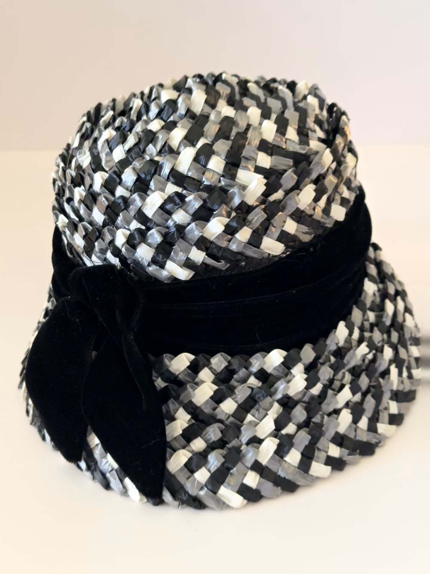Vintage Roberta Bernays Black & White Raffia Hat | 1960s Mod Cloche Bucket Hat | Velvet Ribbon Bow Hat | Kentucky Derby Hat