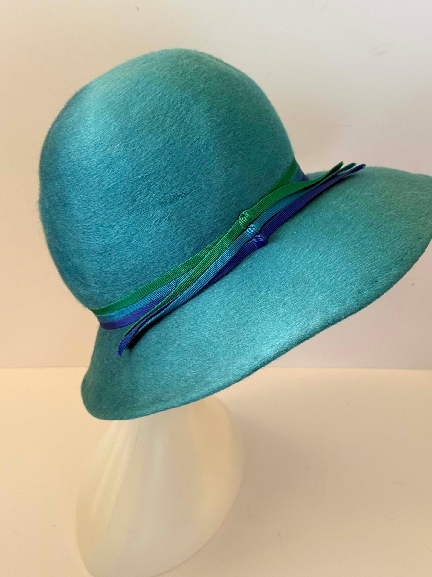 Vintage Mr John Sophisticate Turquoise Wool Hat | 1960s Wide Brim Cloche Hat | Aqua Blue Felt Hat | Mod Designer Millinery | Jackie Kennedy Style