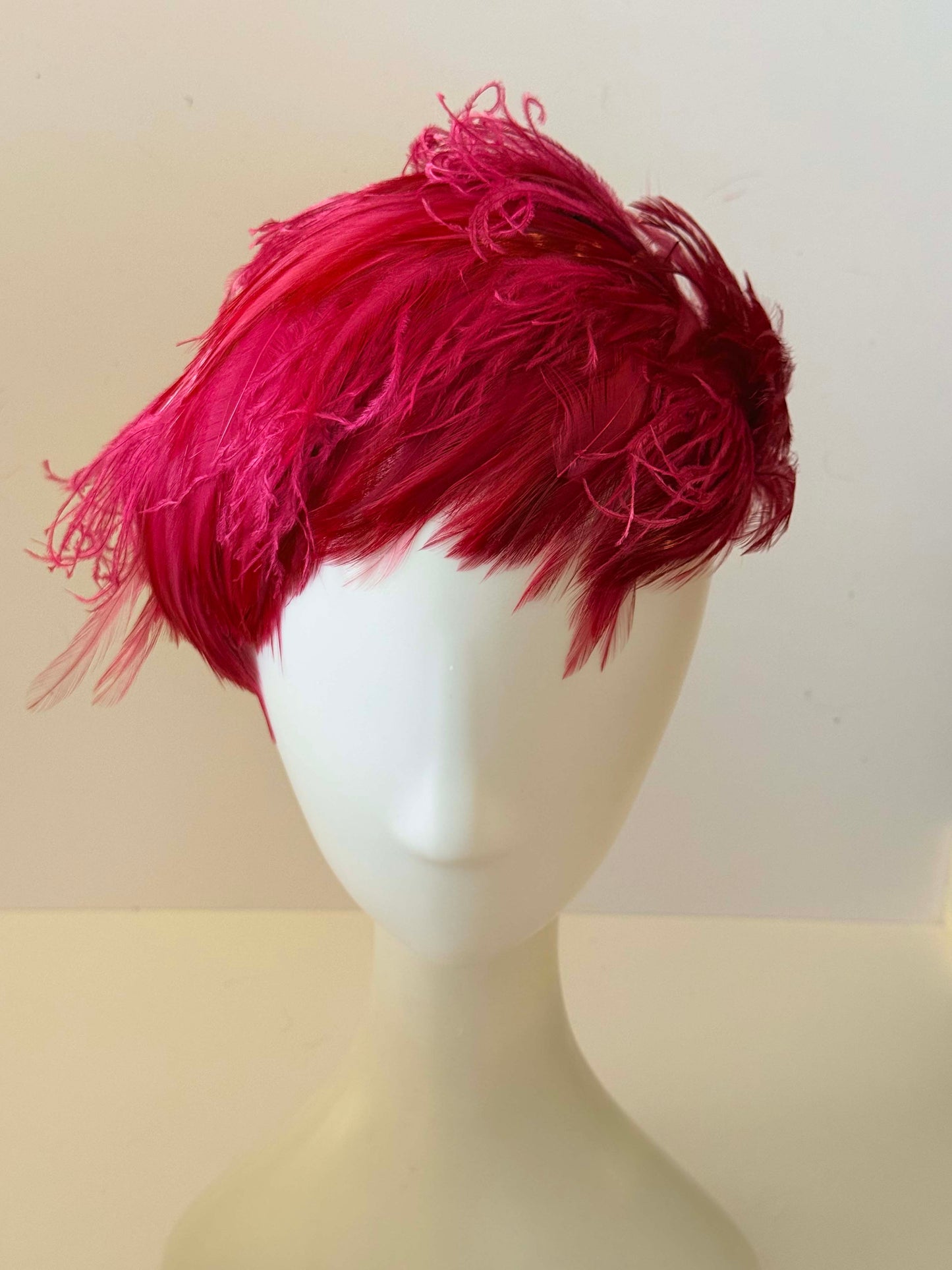 Vintage Pasadena Hats Pink Feather Fascinator | 1950s Cocktail Hat | Fuchsia Feather Half Hat | Mid Century Millinery | Statement Occasion Headpiece