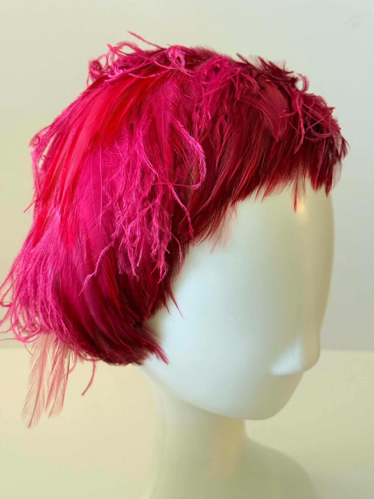Vintage Pasadena Hats Pink Feather Fascinator | 1950s Cocktail Hat | Fuchsia Feather Half Hat | Mid Century Millinery | Statement Occasion Headpiece